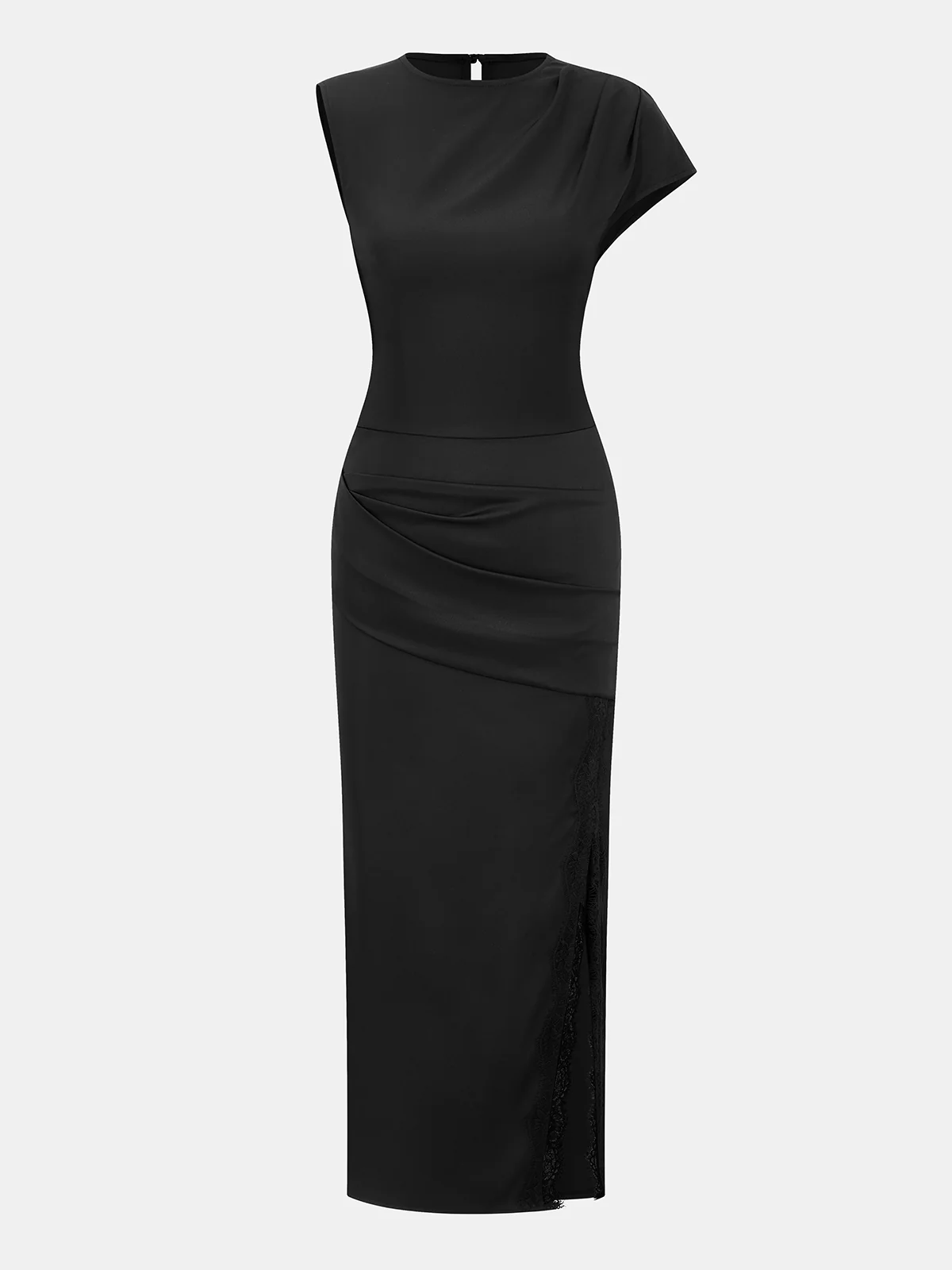 Lace Trim Ruched Slit Satin Midi Dress - Image 2