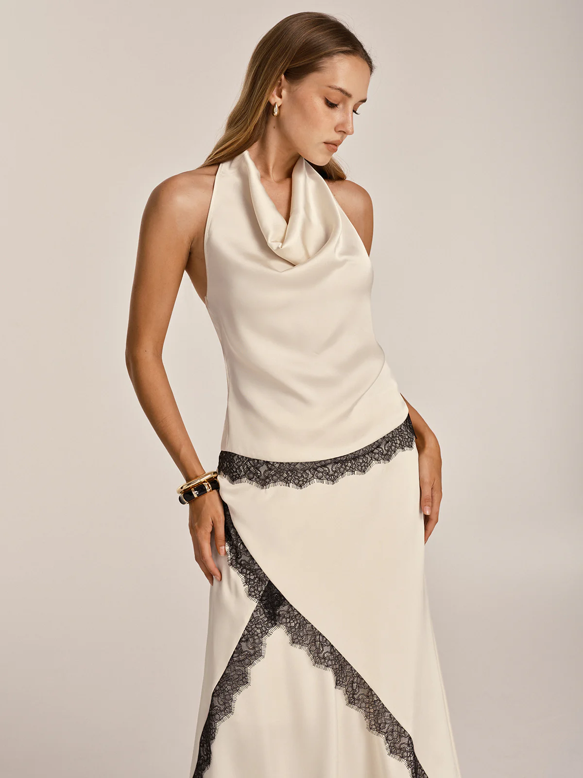 Lace Trim Satin Cowl Neck Top & Mermaid Skirt Set - Image 3