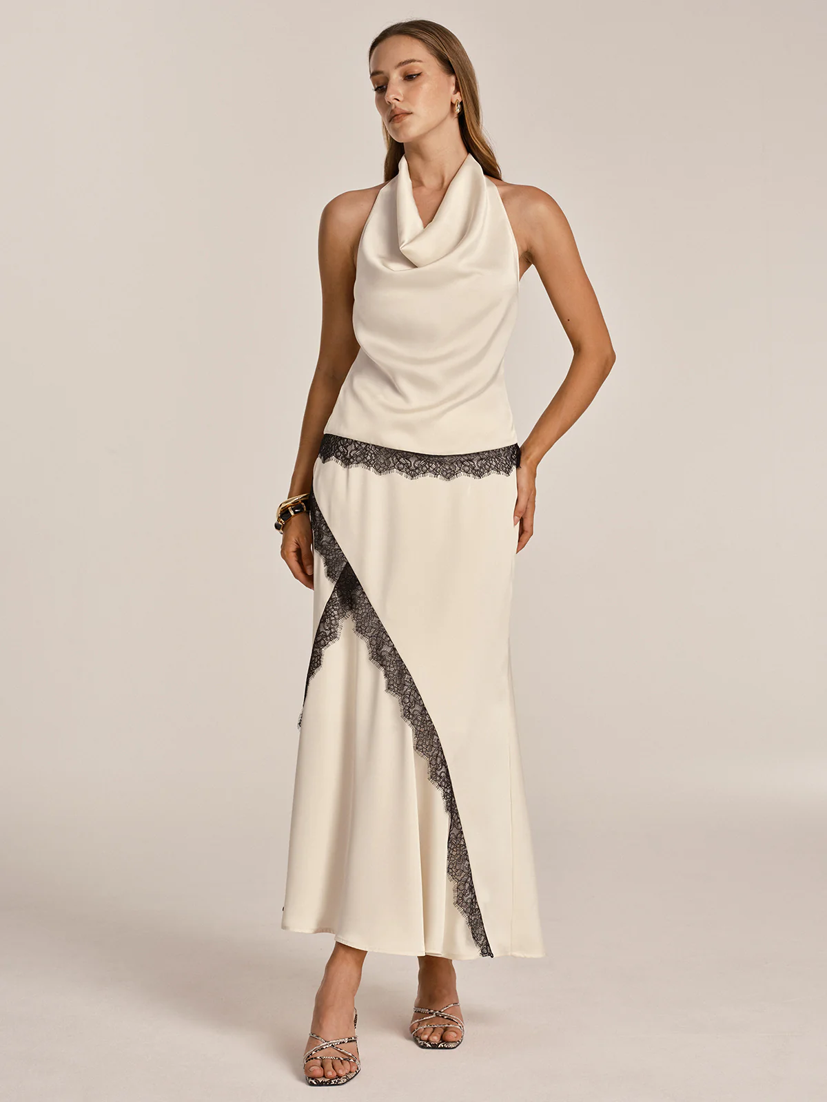 Lace Trim Satin Cowl Neck Top & Mermaid Skirt Set - Image 4