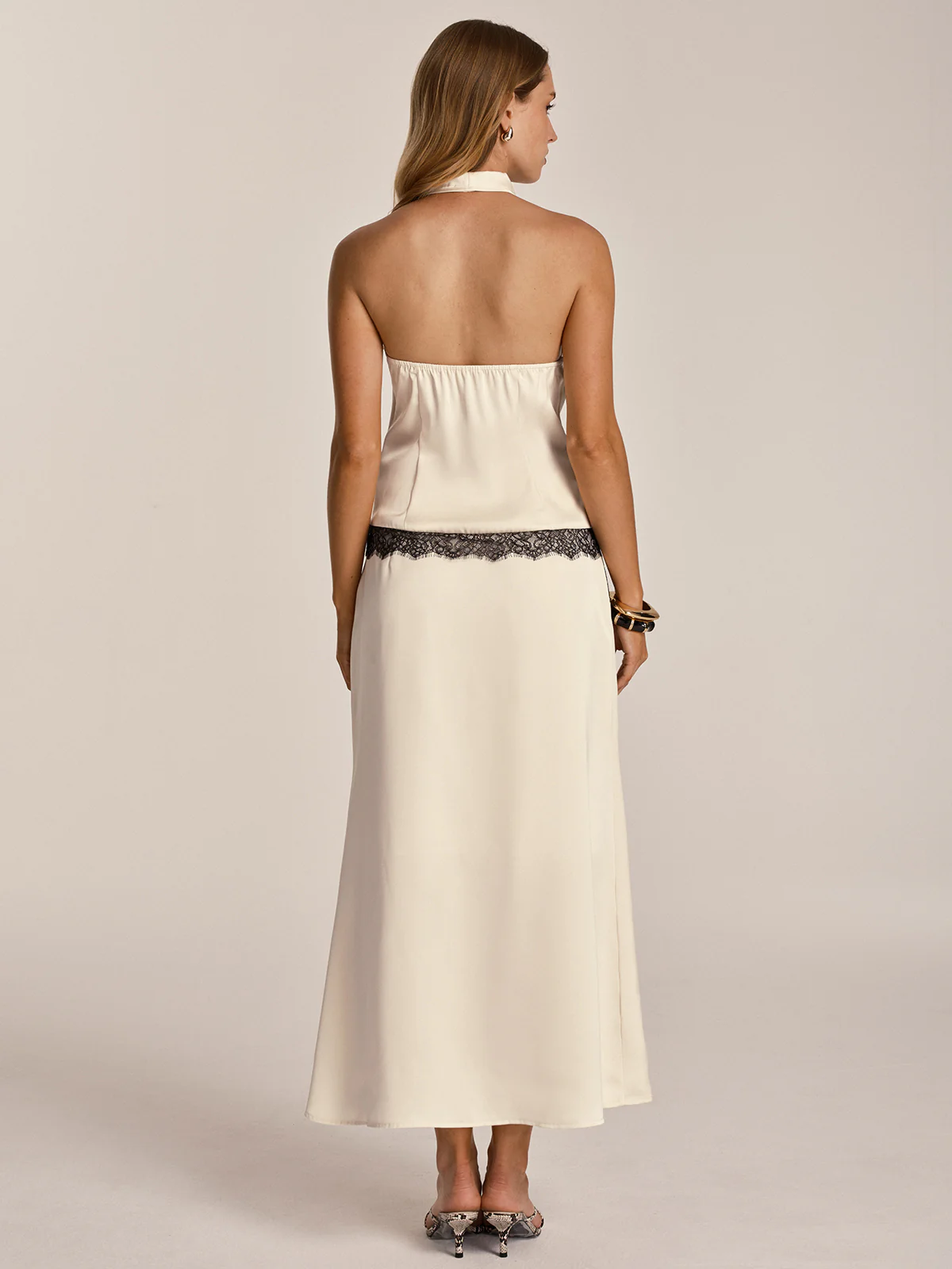 Lace Trim Satin Cowl Neck Top & Mermaid Skirt Set - Image 7