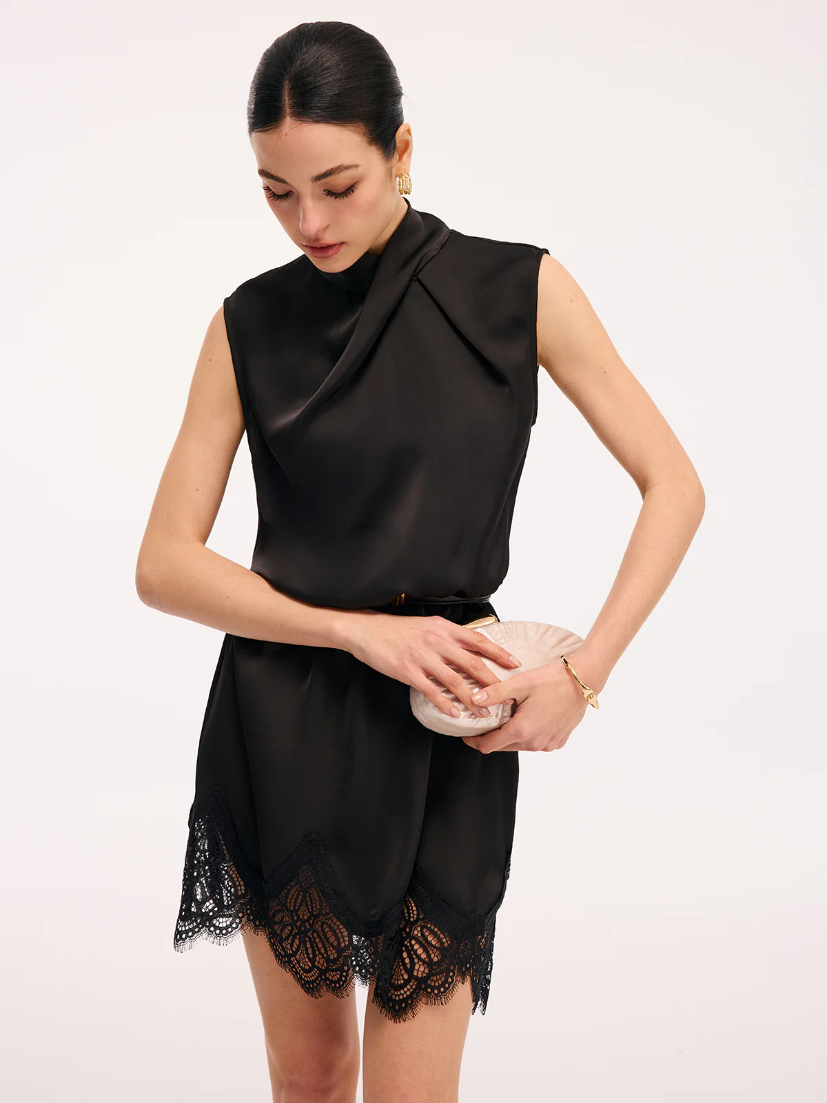 Lace Trim Satin Cross Neck Sleeveless Dress - Image 5