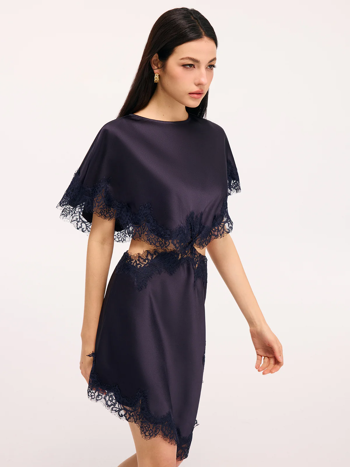 Lace Trim Satin Cut-Out Capelet Mini Dress - Image 2