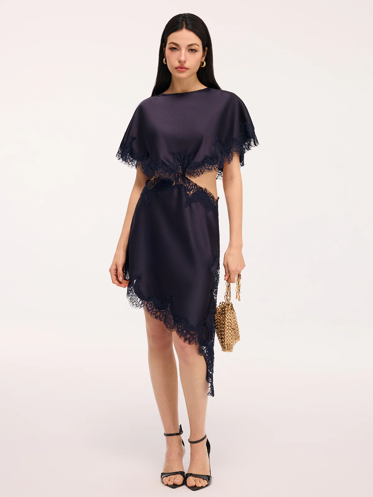 Lace Trim Satin Cut-Out Capelet Mini Dress - Image 3