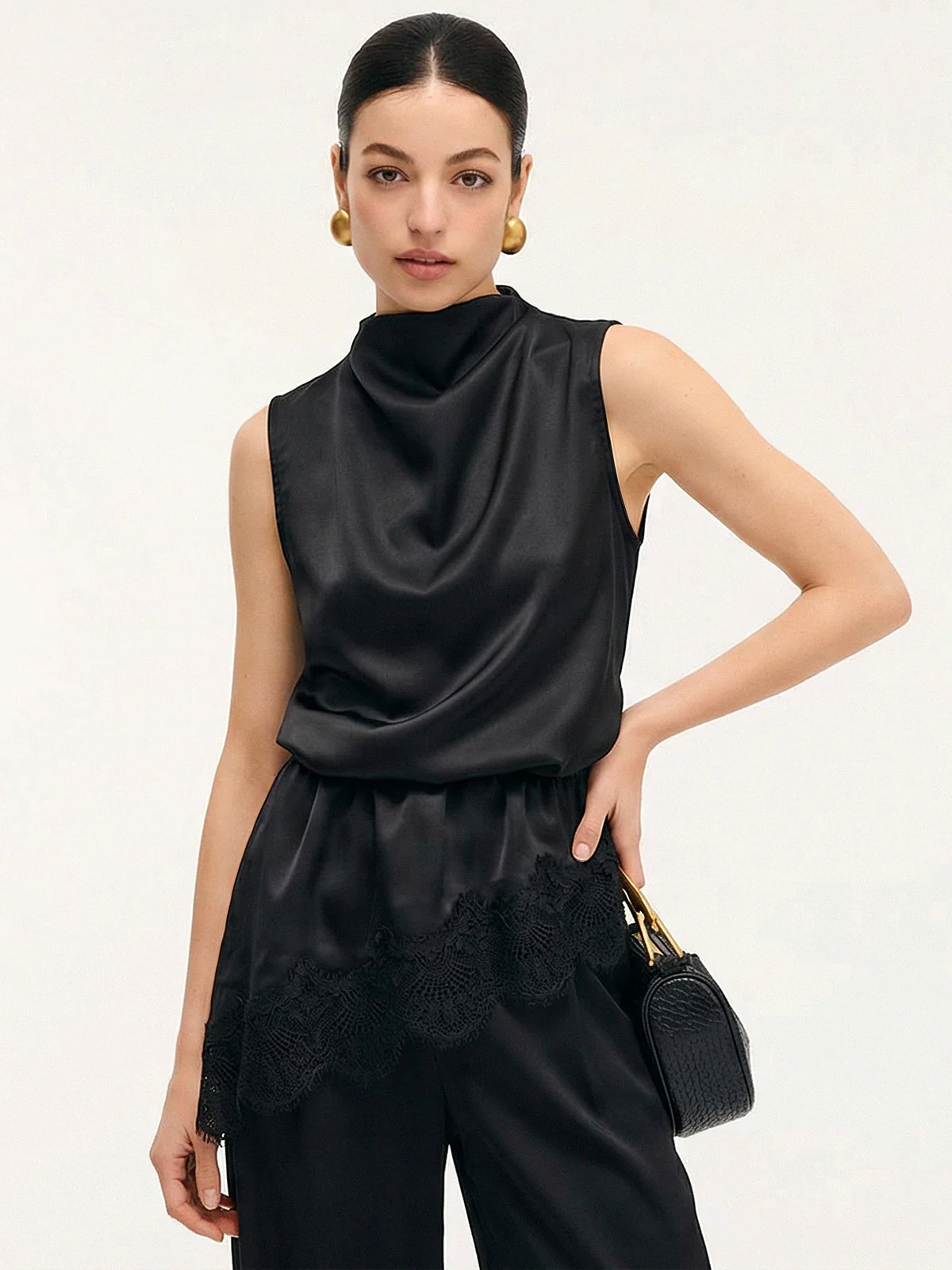 Lace Trim Satin Sleeveless Blouse - Image 10