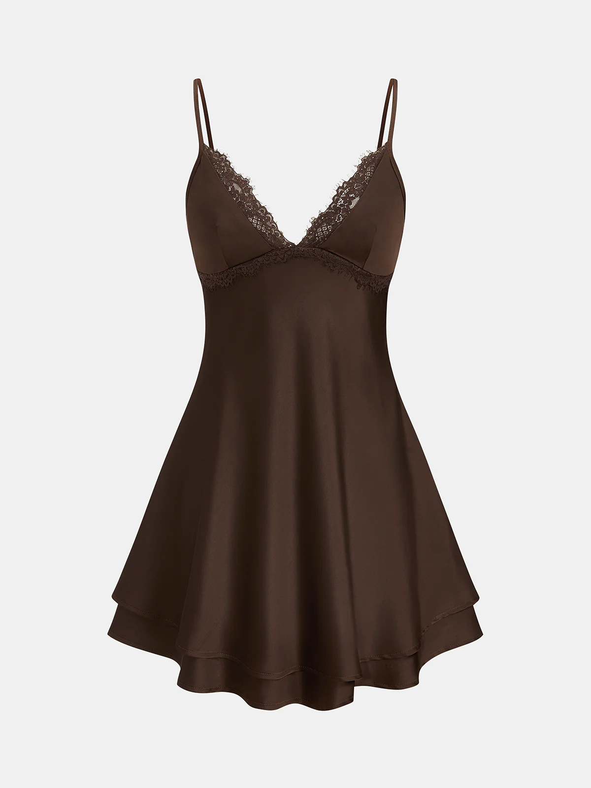 Lace Trim Satin V-Neck Cami Mini Dress