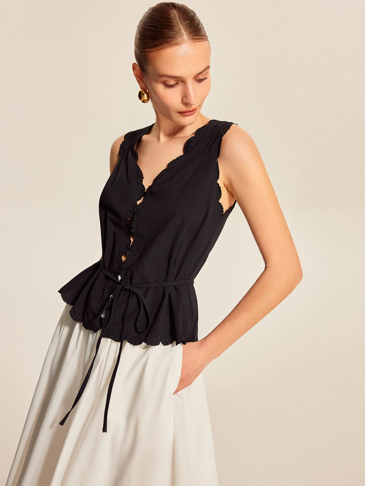 Lace-Trim Scalloped Button-Up Top - Image 5