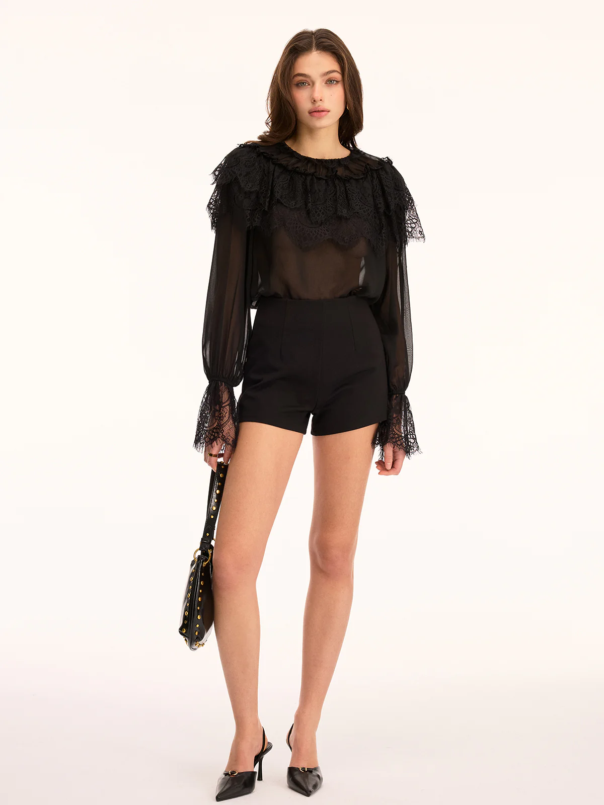 Lace Trim Sheer Long Sleeve Blouse - Image 3