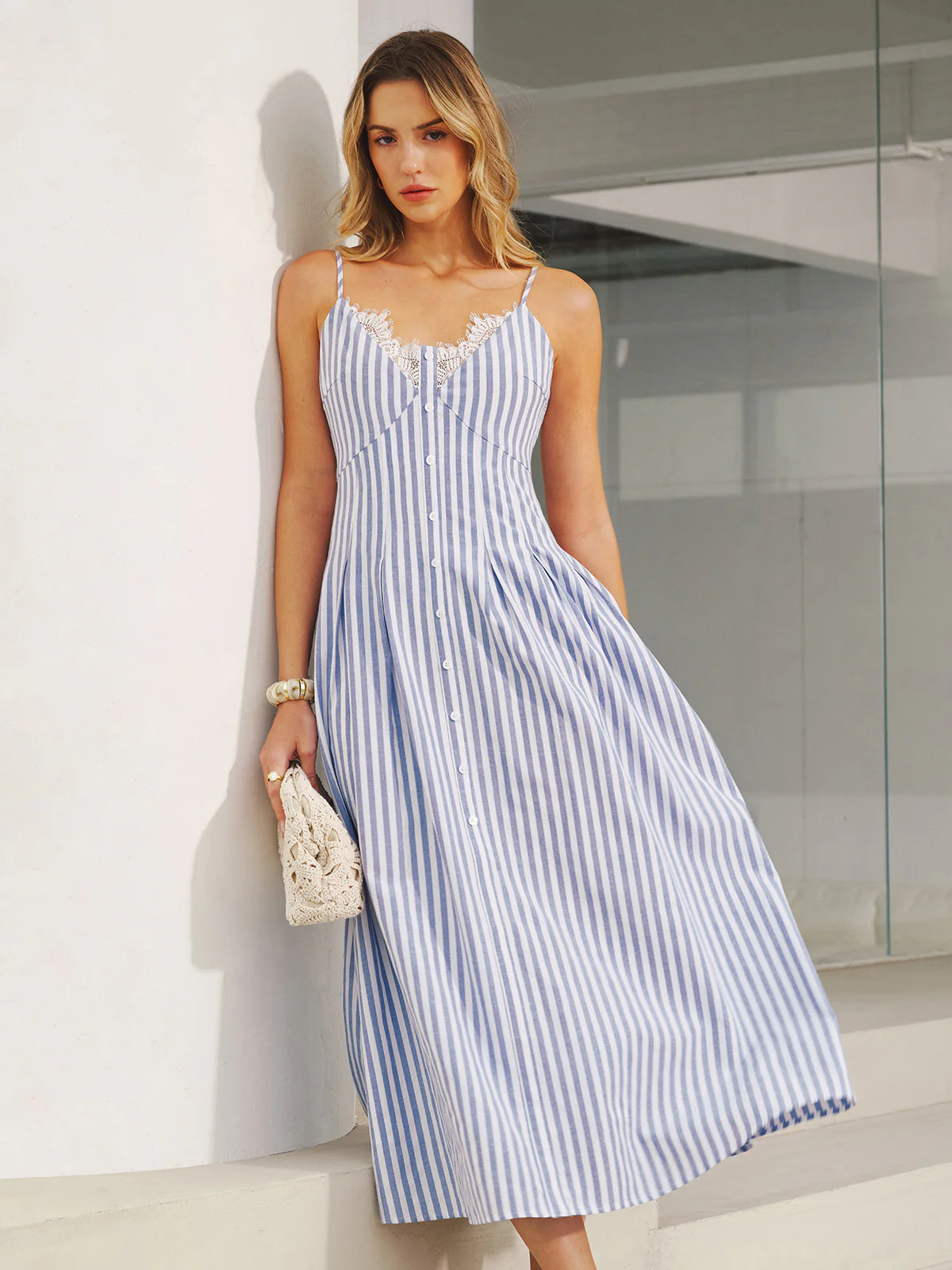 Lace Trim Striped Cami Maxi Dress - Image 3