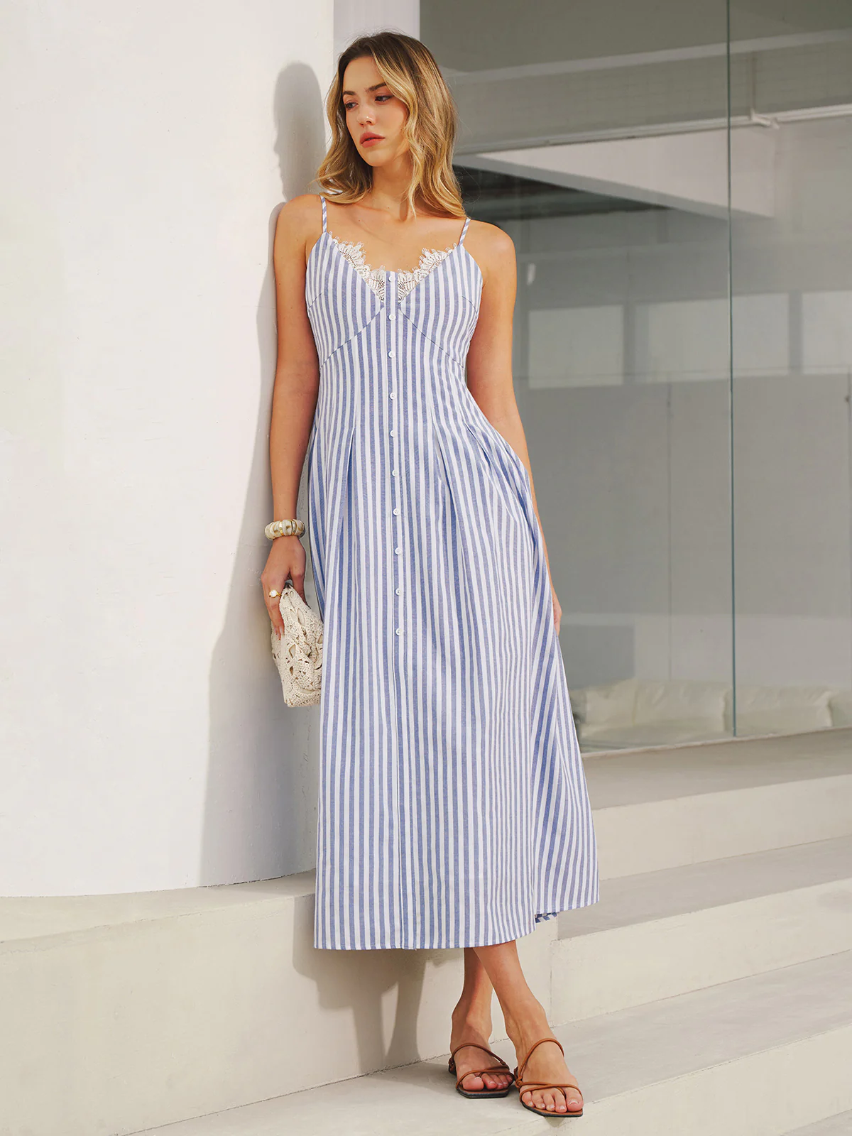 Lace Trim Striped Cami Maxi Dress - Image 4