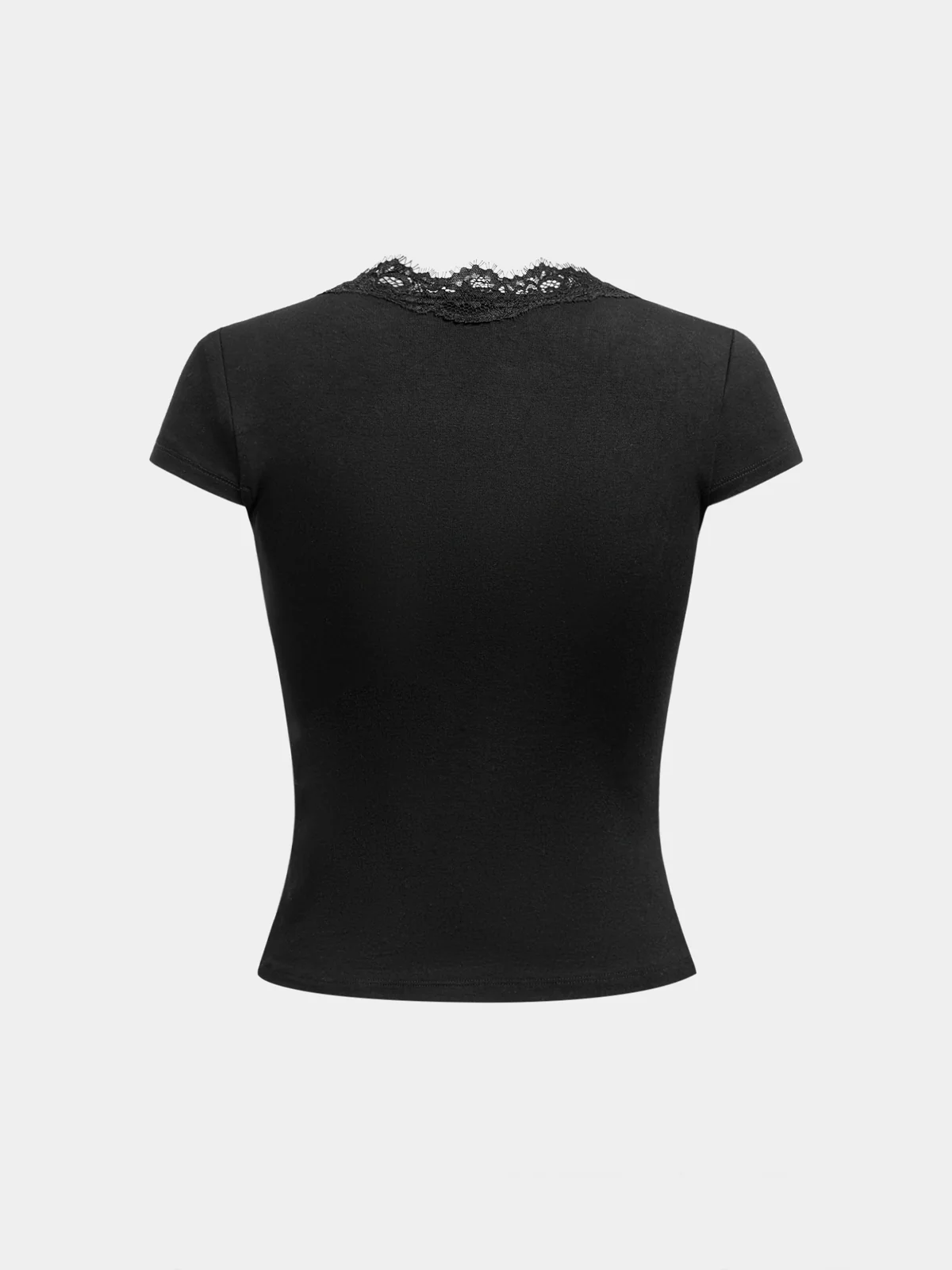 Lace Trim Tie-Front Fitted Short-Sleeve Top - Image 2