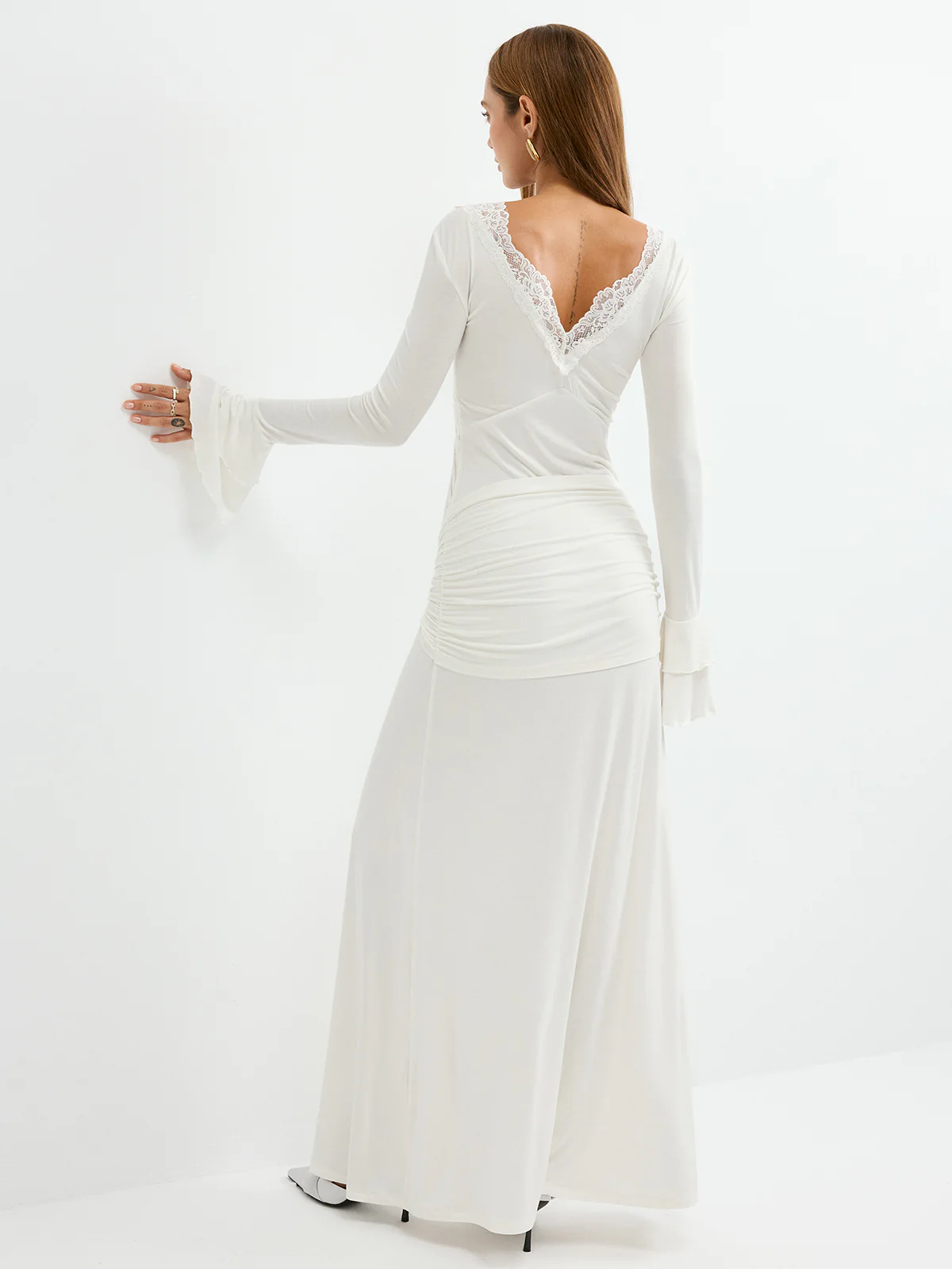 Lace Trim Tie-Waist Tiered Flared-Cuff Maxi Dress - Image 3