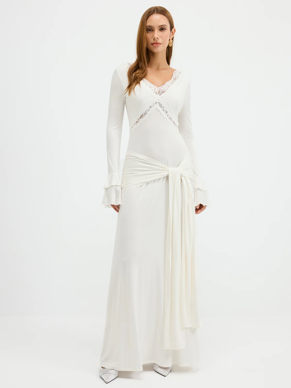 Lace Trim Tie-Waist Tiered Flared-Cuff Maxi Dress - Image 4