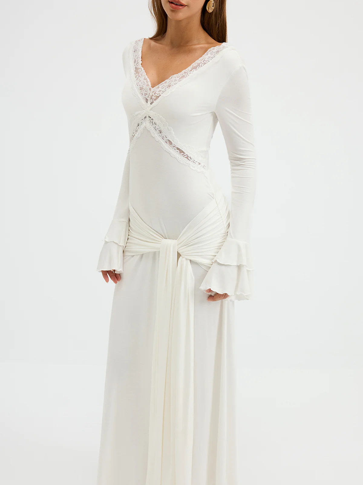 Lace Trim Tie-Waist Tiered Flared-Cuff Maxi Dress - Image 5