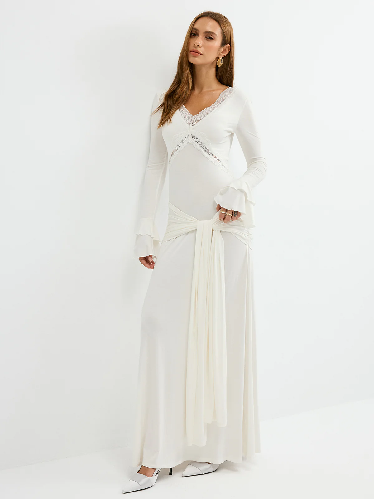 Lace Trim Tie-Waist Tiered Flared-Cuff Maxi Dress - Image 6