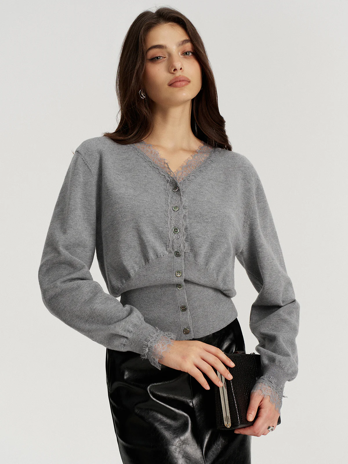 Lace Trim V-Neck Knit Cardigan - Image 3