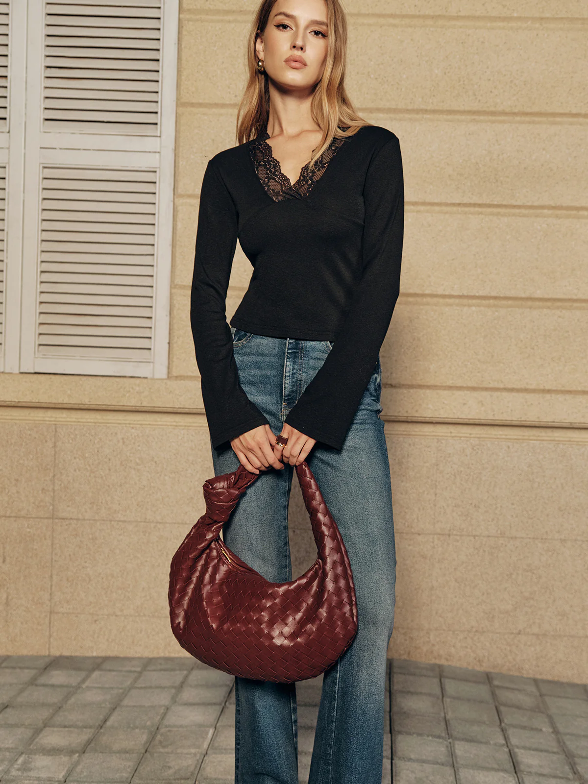 Lace Trim V-Neck Long Sleeve Top - Image 4