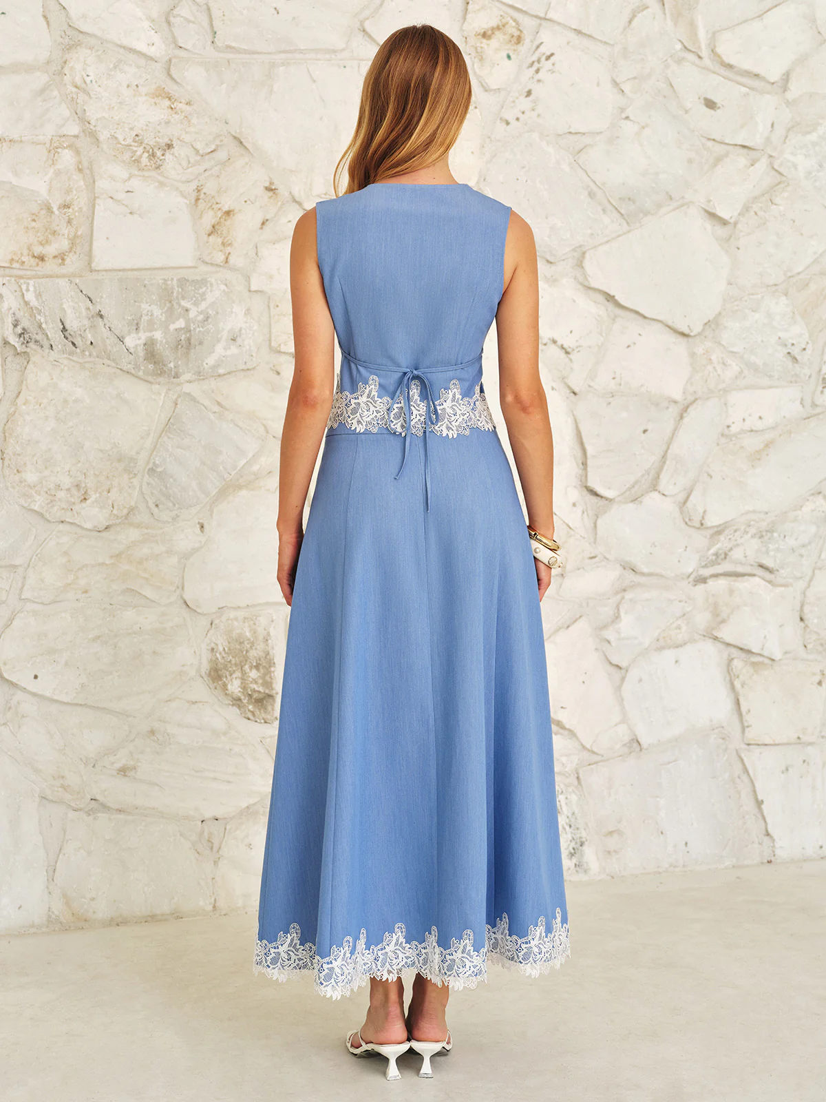 Lace Trim V-Neck Top & Maxi Skirt Set - Image 2