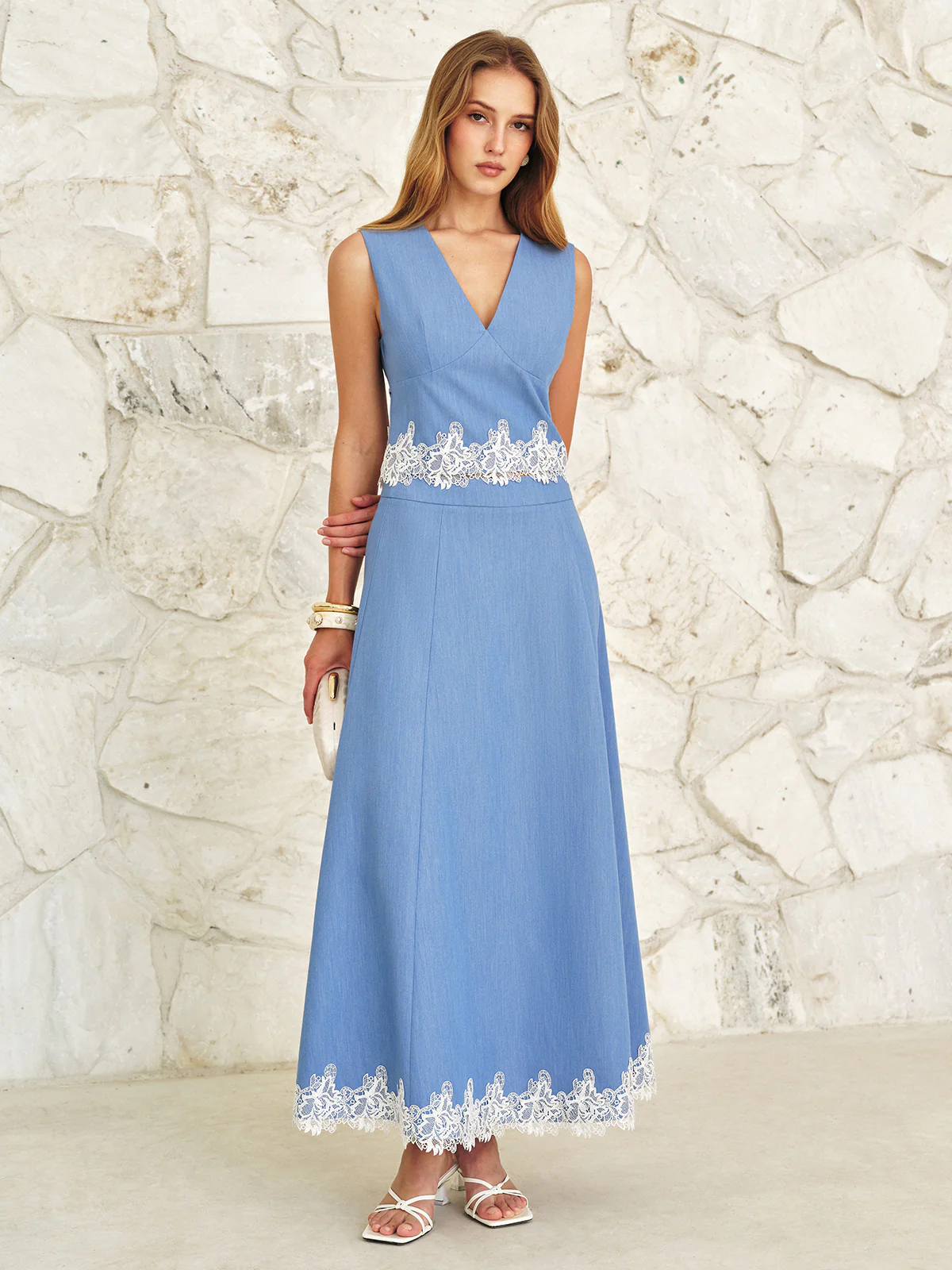 Lace Trim V-Neck Top & Maxi Skirt Set - Image 5