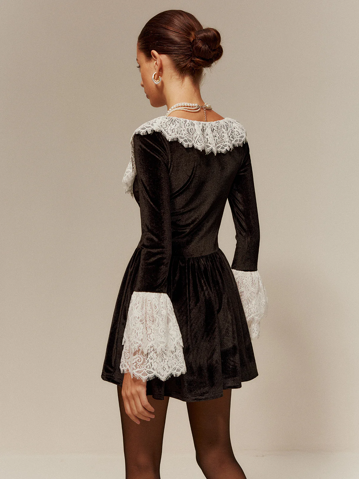 Lace Trim Velvet Short Dress - Image 6