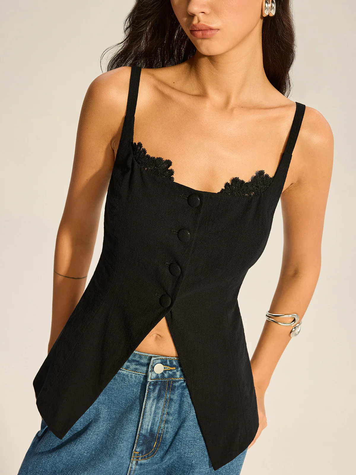 Semi-Sheer Lace-Trimmed Button Top with Slit - Image 2