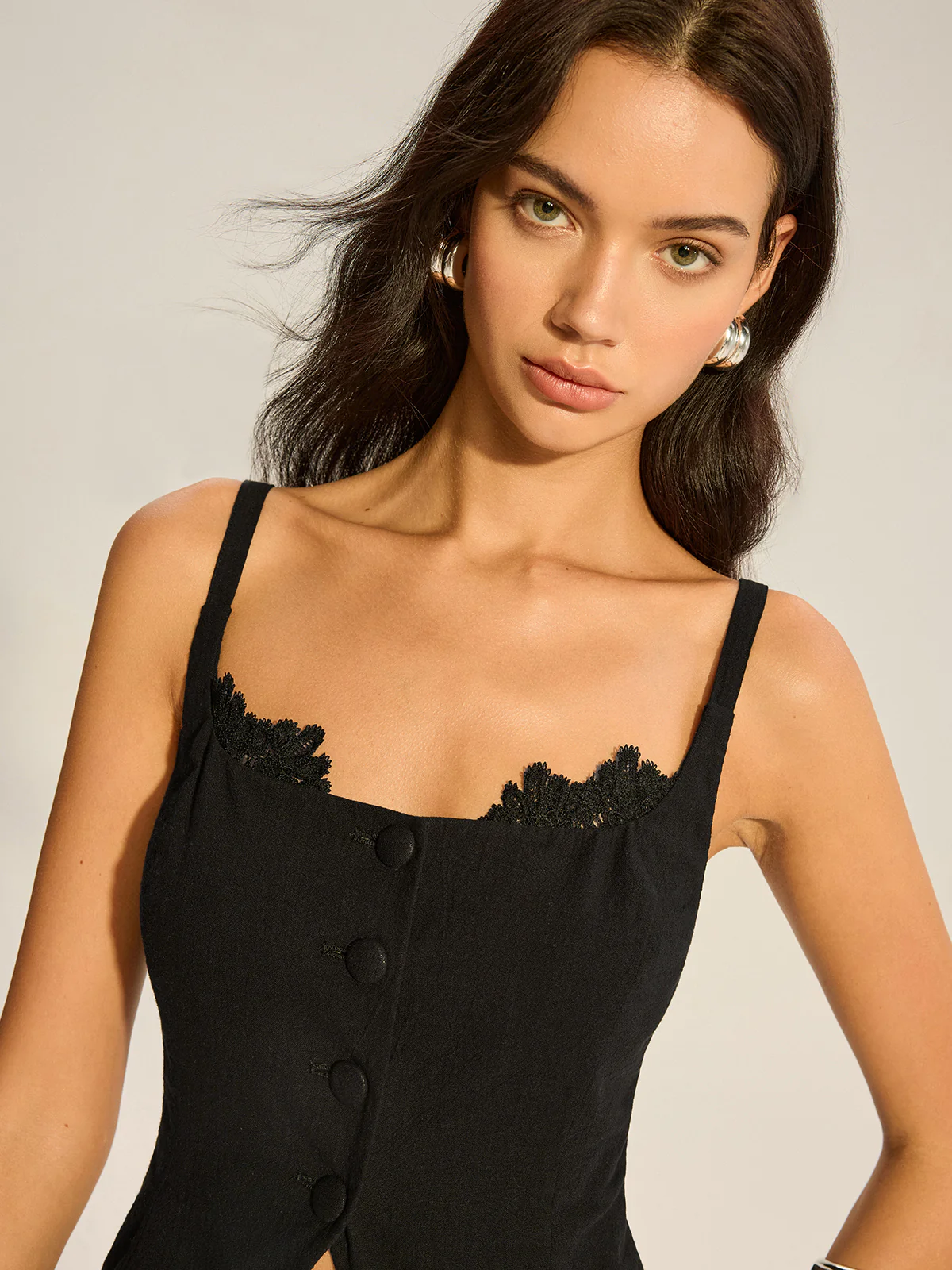 Semi-Sheer Lace-Trimmed Button Top with Slit - Image 5