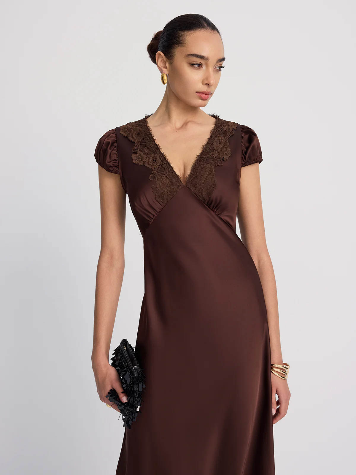 Lace-Trimmed Satin V-Neck Maxi Dress