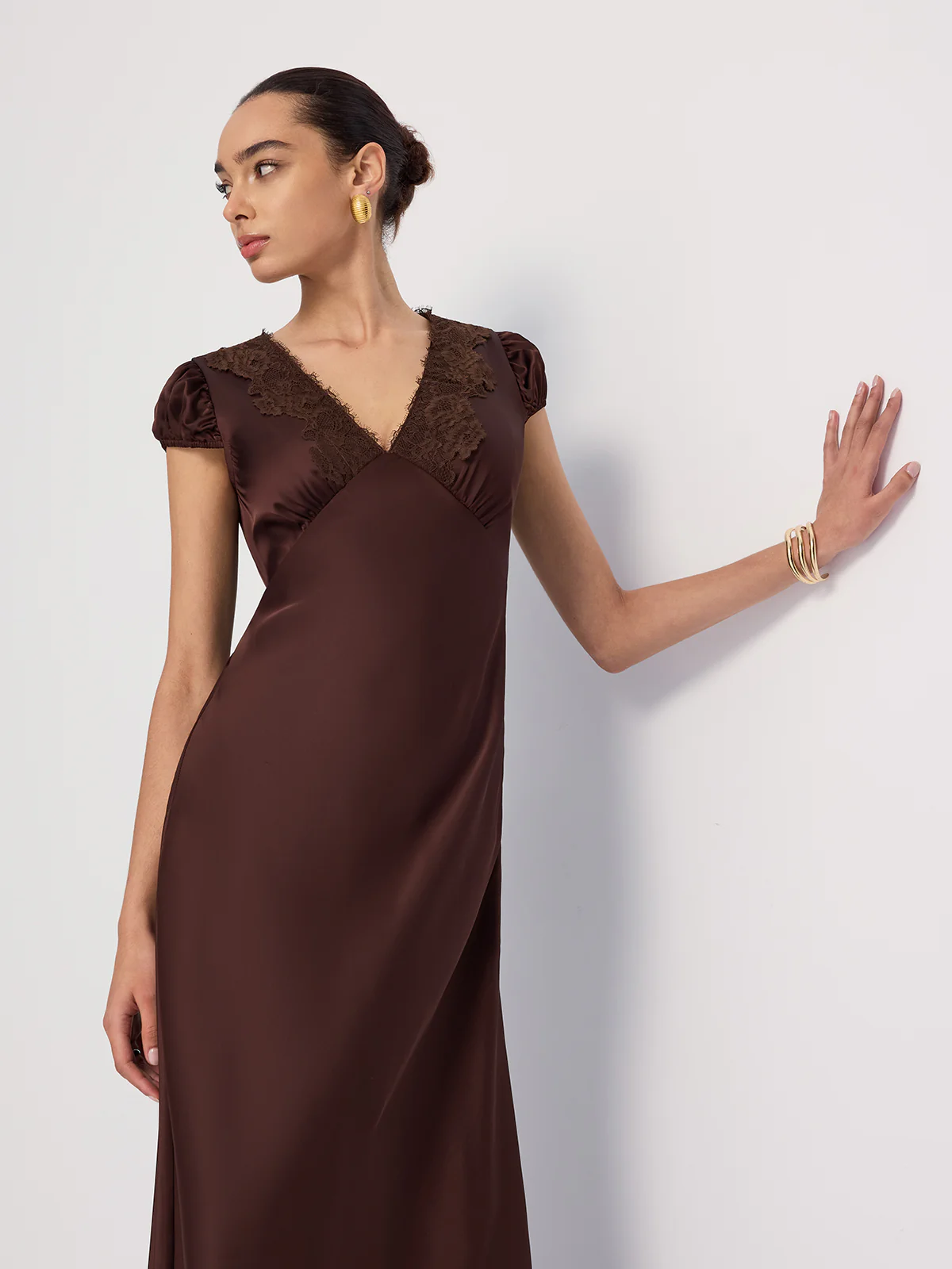 Lace-Trimmed Satin V-Neck Maxi Dress - Image 5