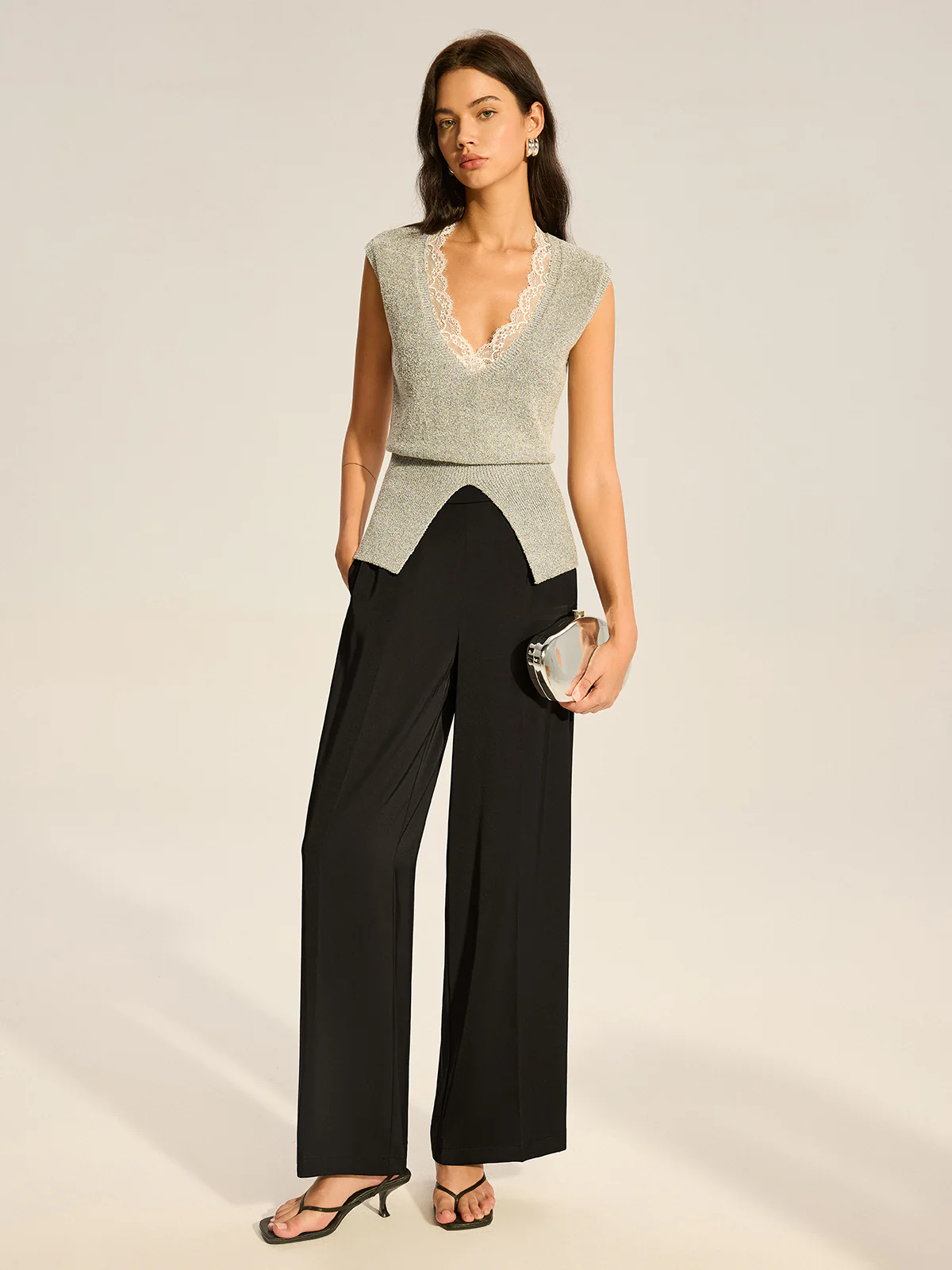 Lace-Trimmed Waist-Cinching Knitted Vest - Image 2