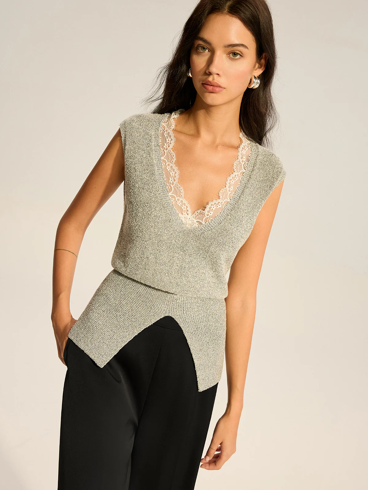 Lace-Trimmed Waist-Cinching Knitted Vest - Image 5