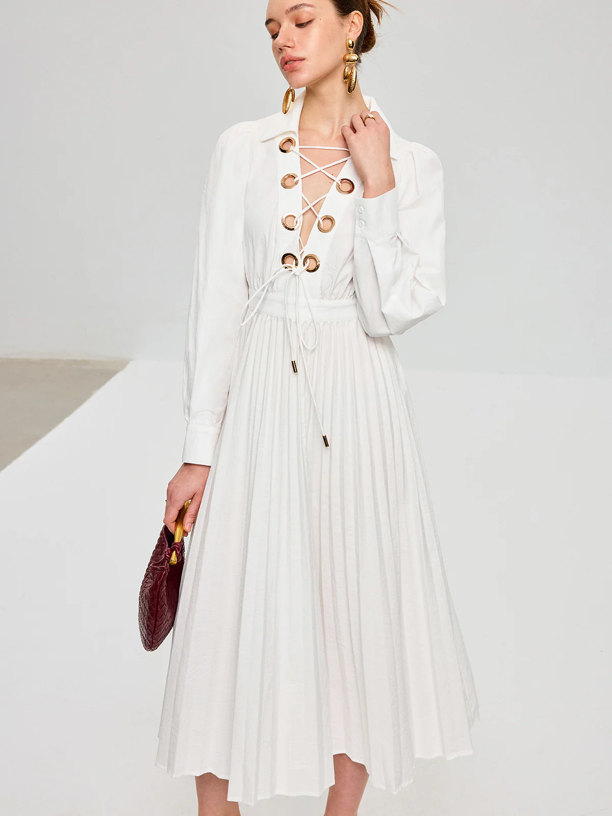 Lace-Up Pleated Midi Dress - Image 3
