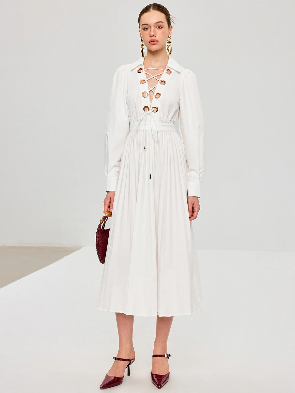 Lace-Up Pleated Midi Dress - Image 4