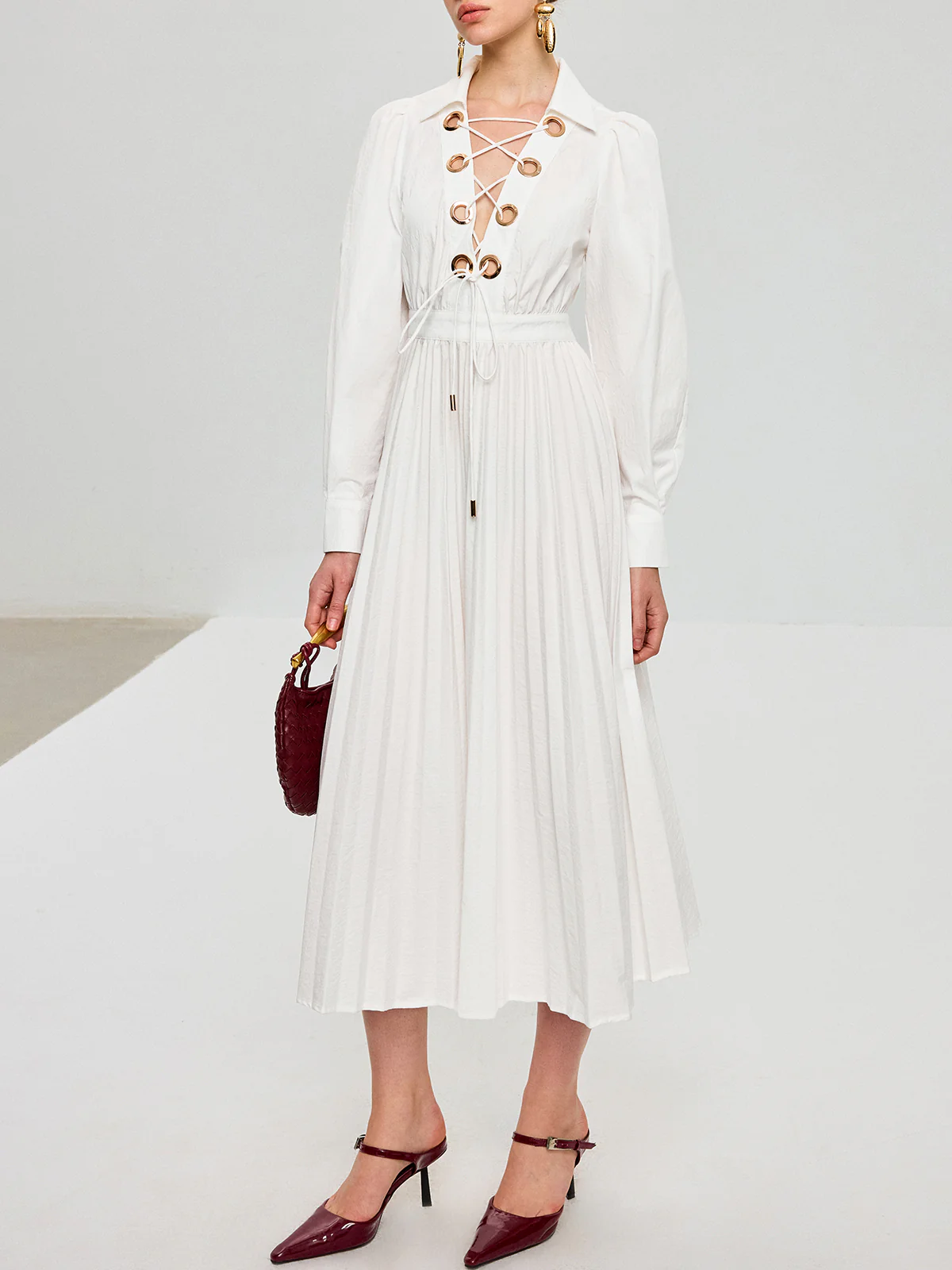 Lace-Up Pleated Midi Dress - Image 5