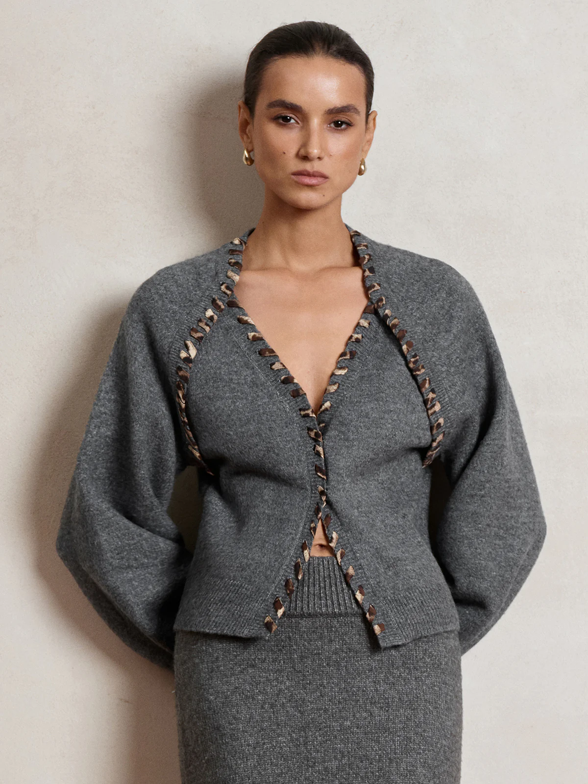 Lace-Up Trim V-Neck Cardigan - Image 9