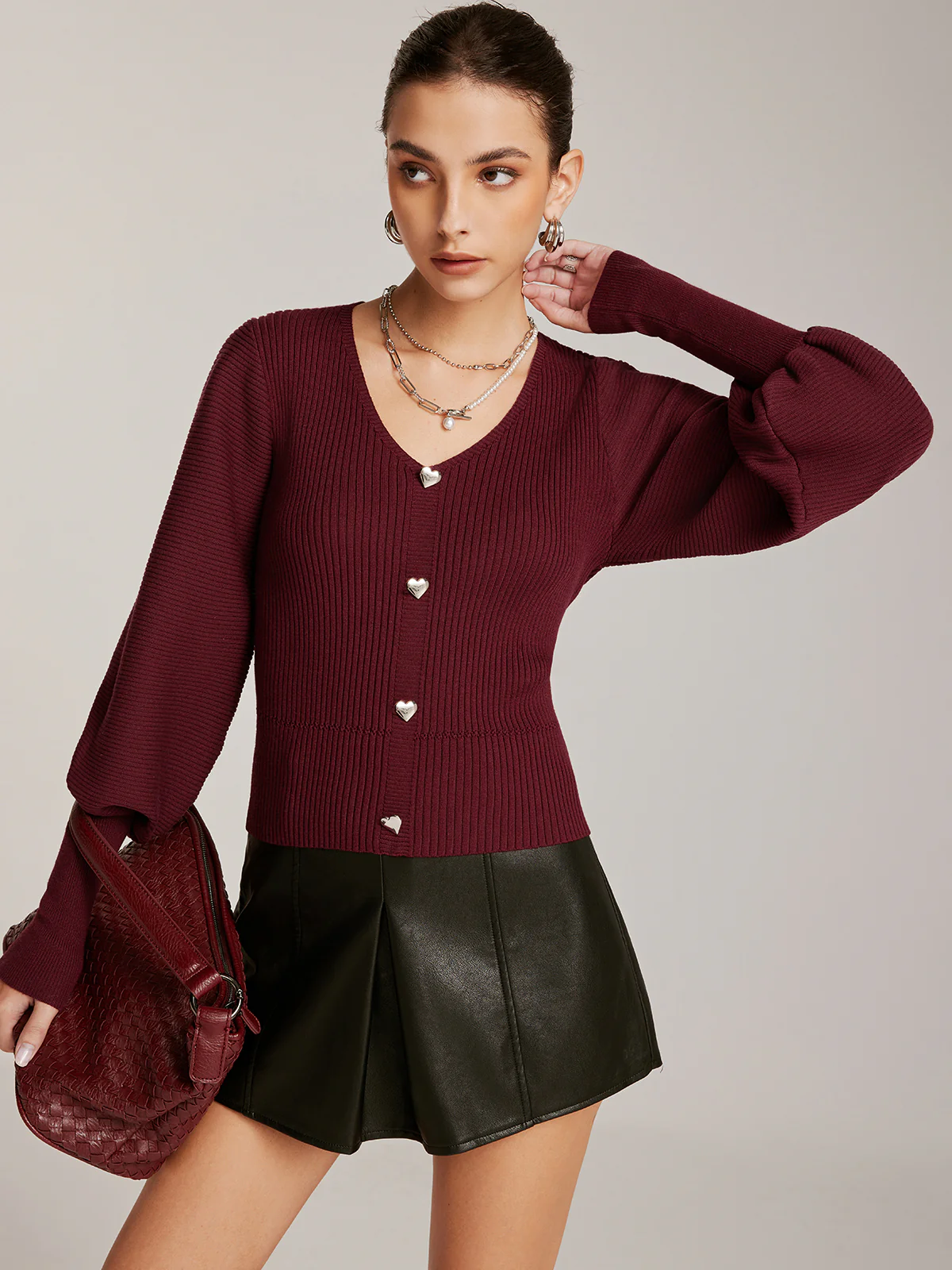Lantern Sleeve V-Neck Sweater - Image 2