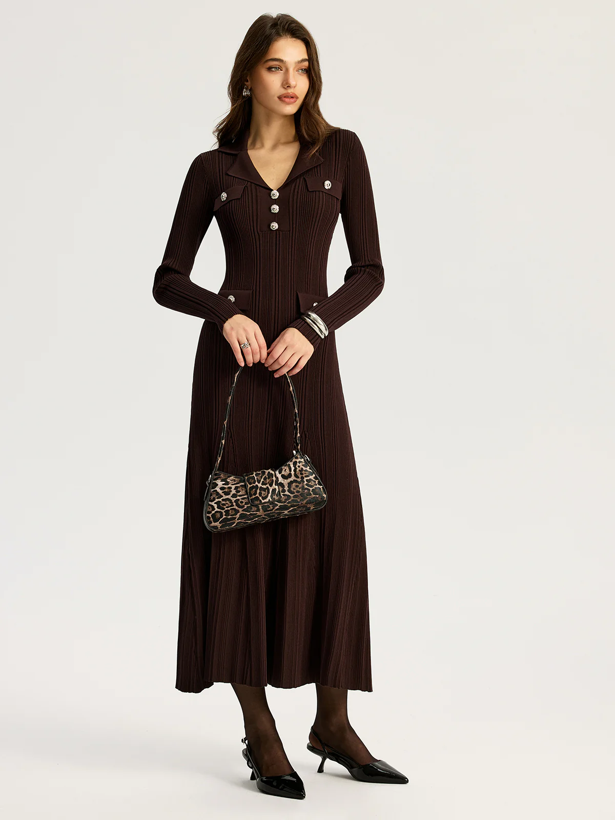 Lapel Metal Detail Knit Maxi Dress - Image 2