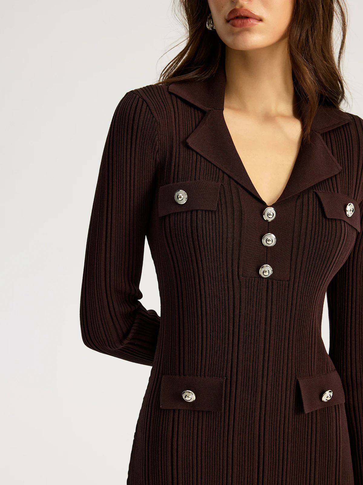 Lapel Metal Detail Knit Maxi Dress - Image 3