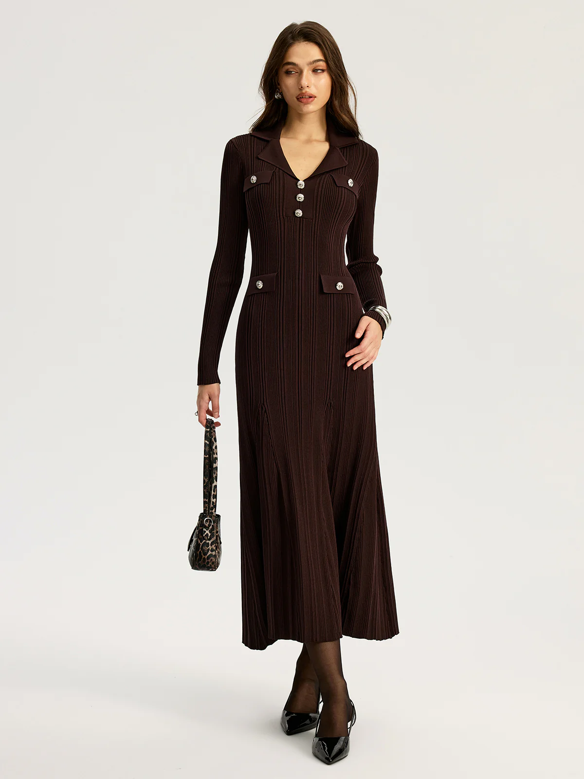 Lapel Metal Detail Knit Maxi Dress - Image 4