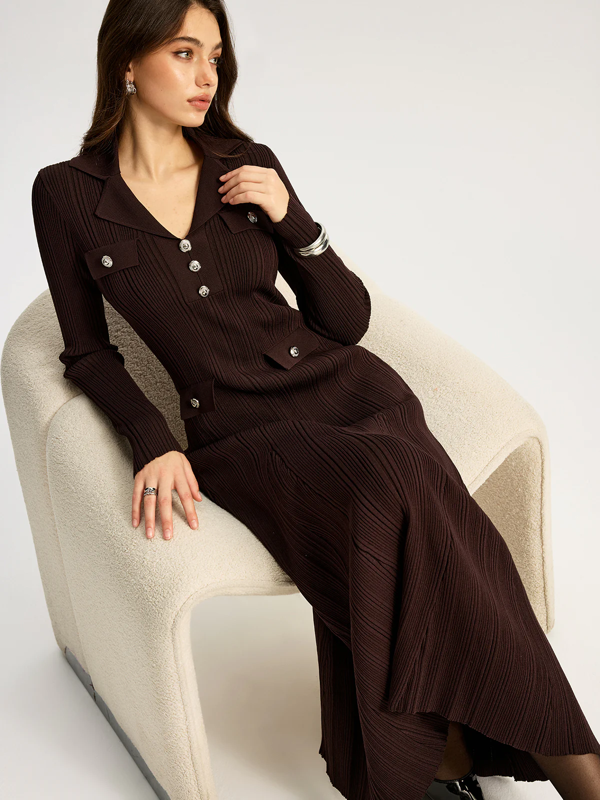 Lapel Metal Detail Knit Maxi Dress - Image 5