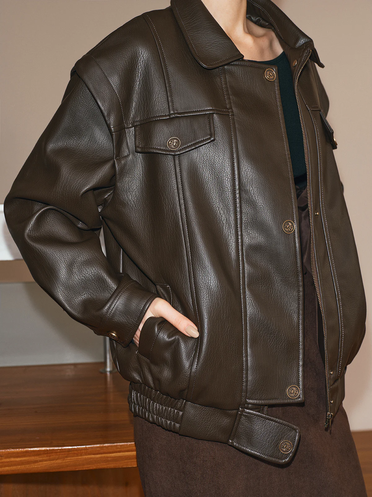 Lapel PU Leather Jacket - Image 7