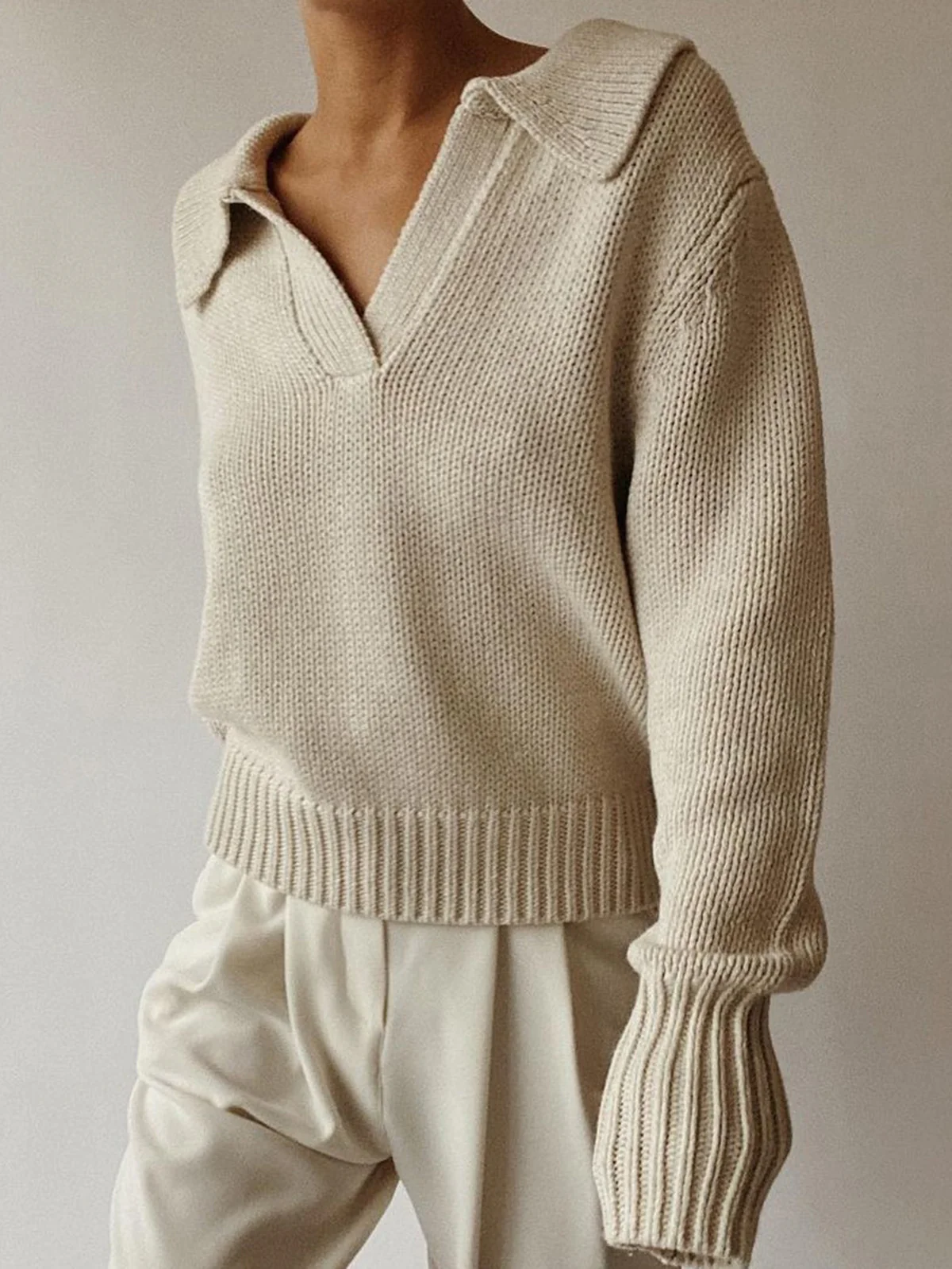 Lapel Ribbed Pullover Sweater - Image 2