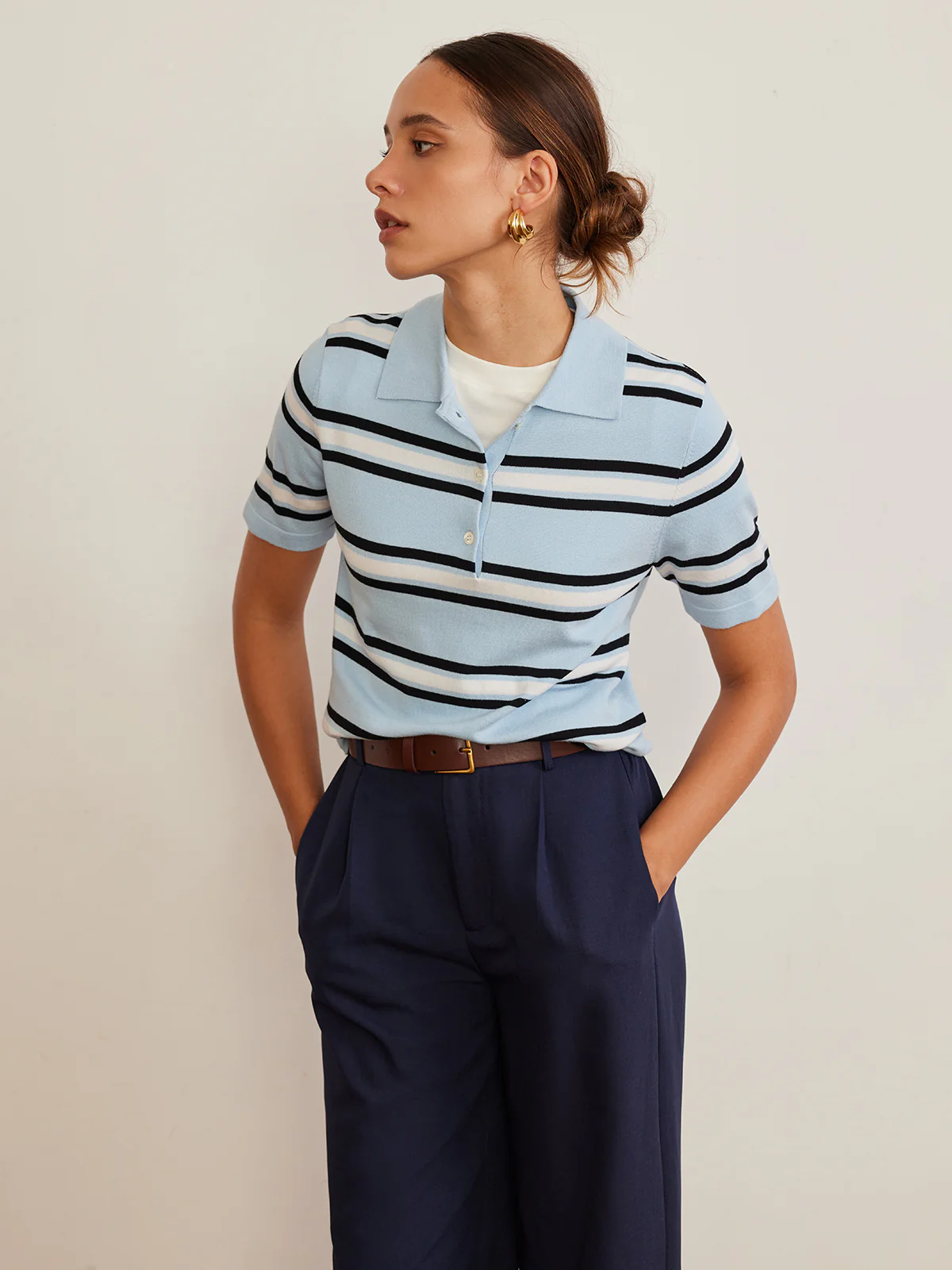 Lapel Striped Knit Top - Image 2