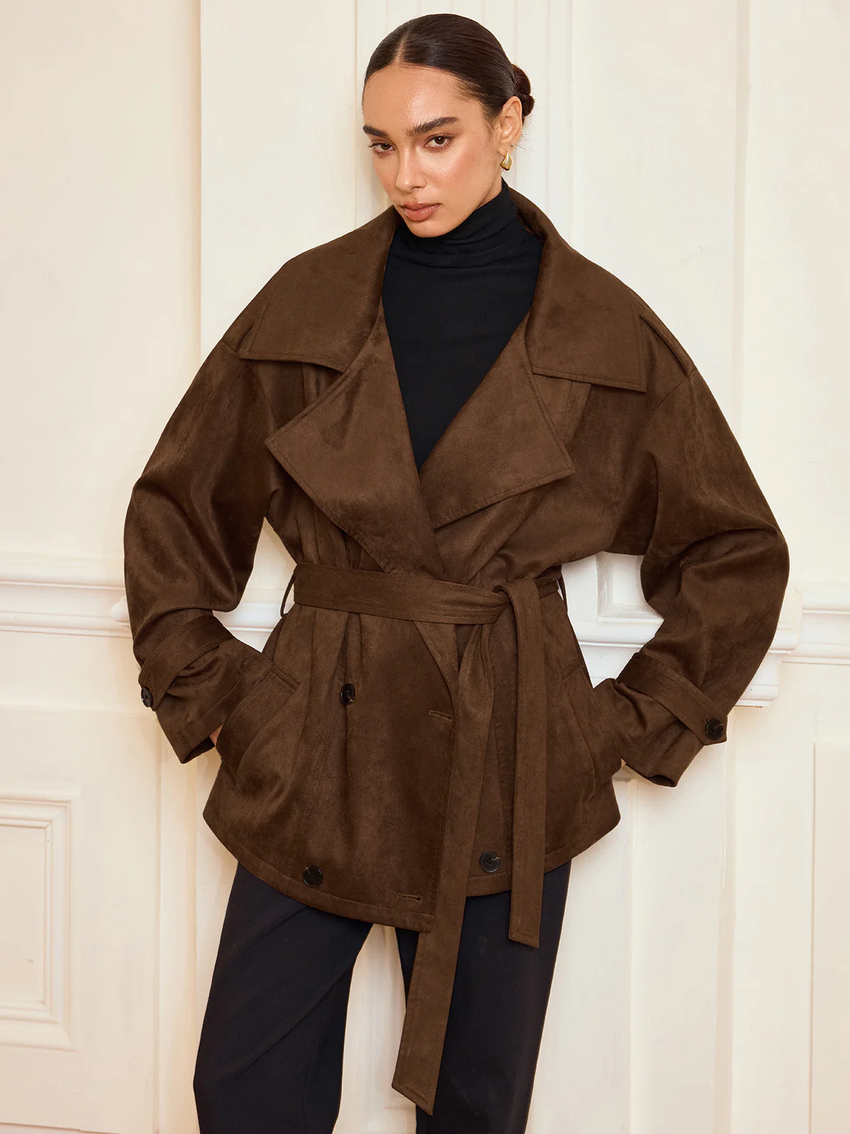 Lapel Suede Effect Belted Trench Coat - Image 4