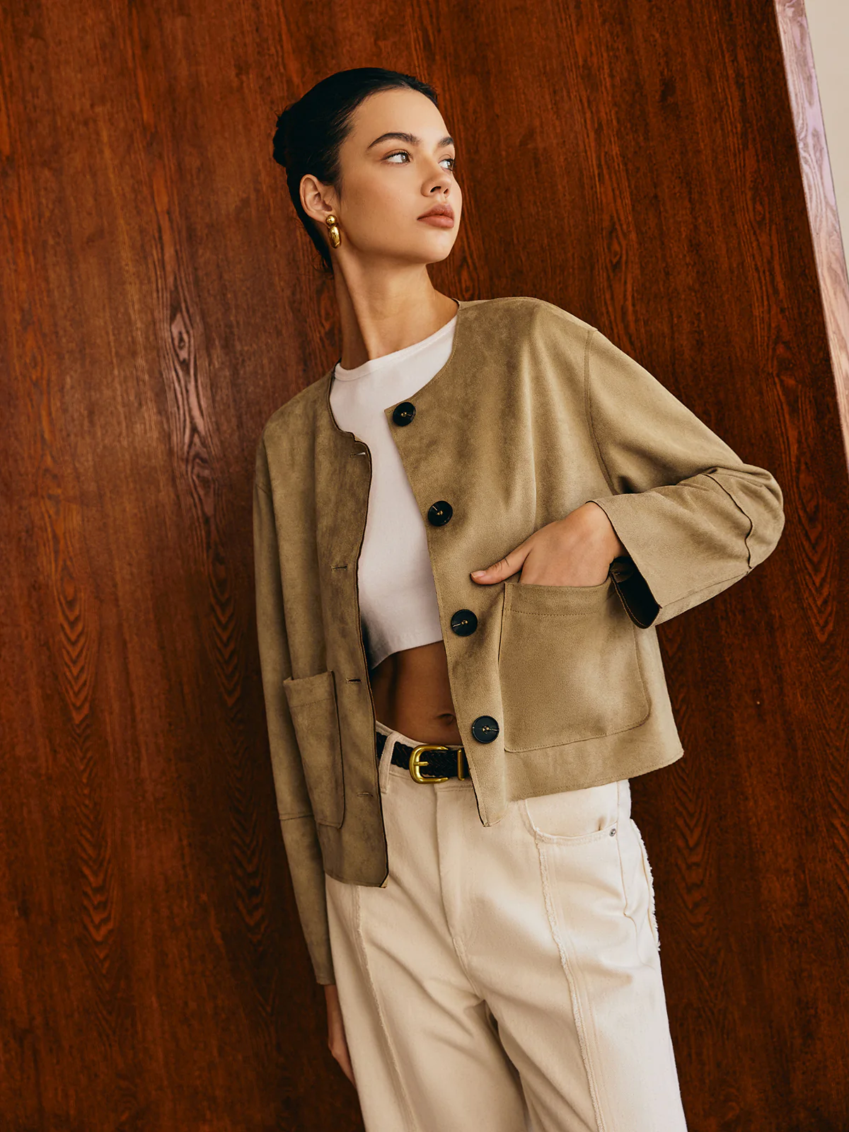 Large Pockets Breasted Suede Effect Jacket - Image 3