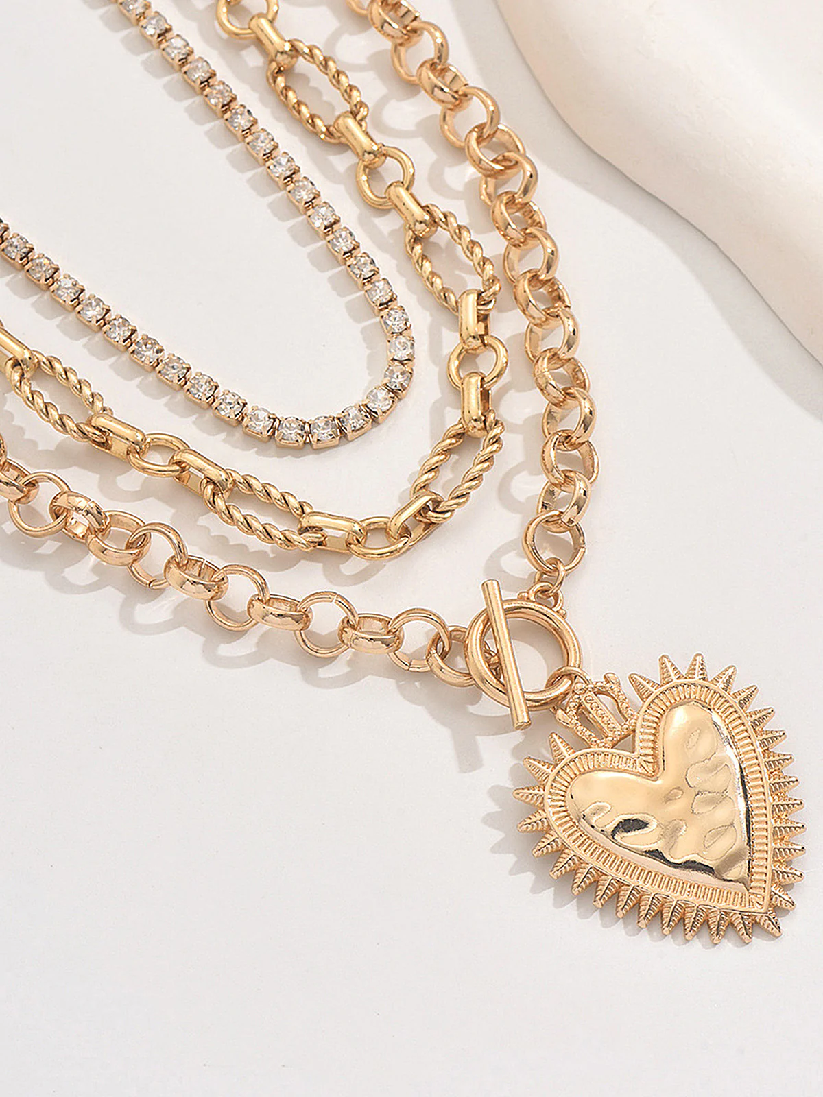 Layered Chain Heart Rhinestone Necklace - Image 3