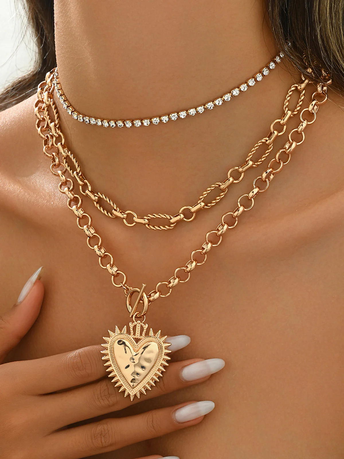 Layered Chain Heart Rhinestone Necklace - Image 4