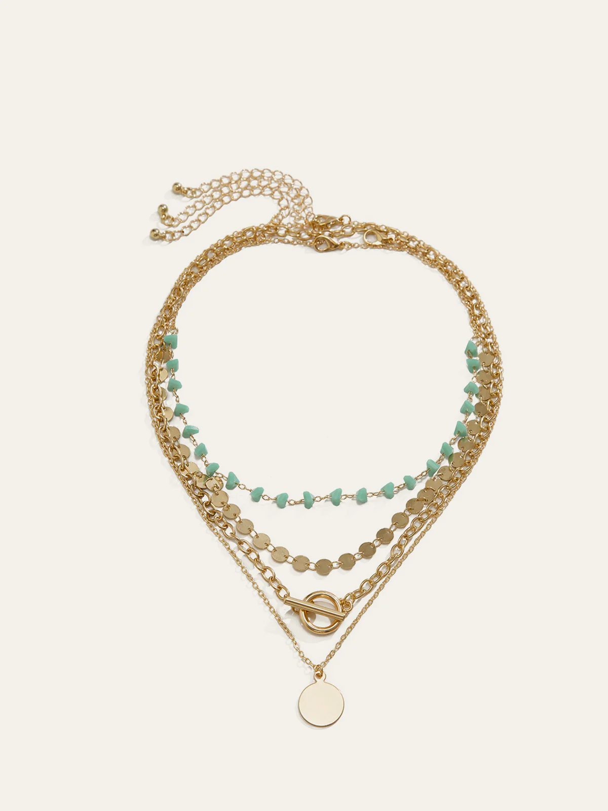 Layered Gold-Chain Necklace With Turquoise Beads And Circular Pendant - Image 2
