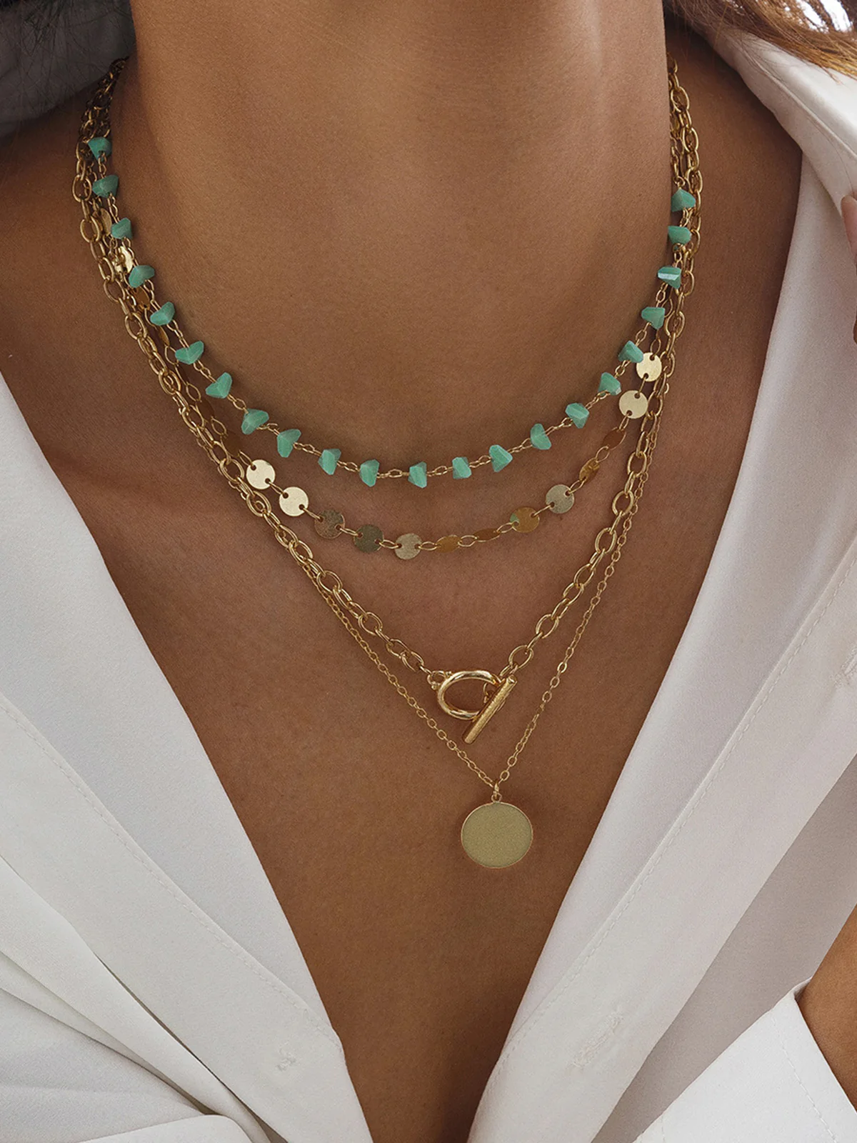Layered Gold-Chain Necklace With Turquoise Beads And Circular Pendant - Image 4