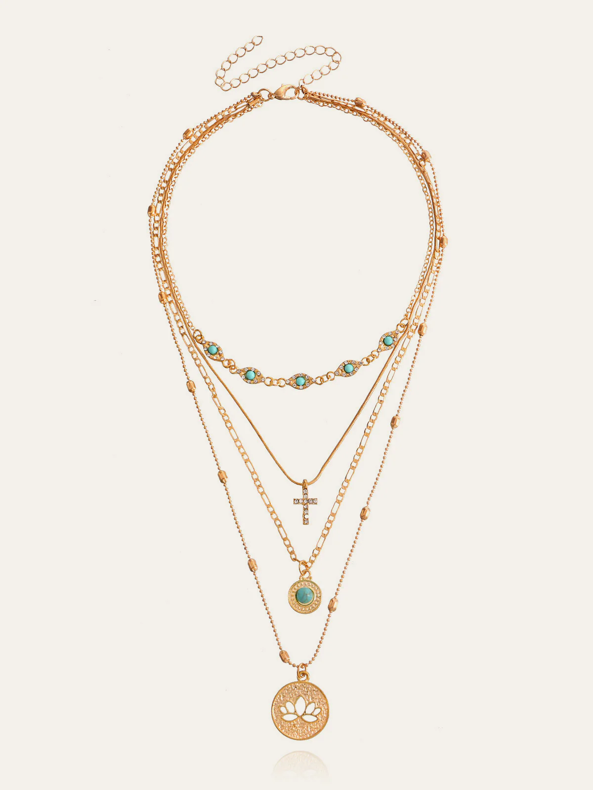 Layered Gold Tone Necklace with Turquoise and Charms - Image 2