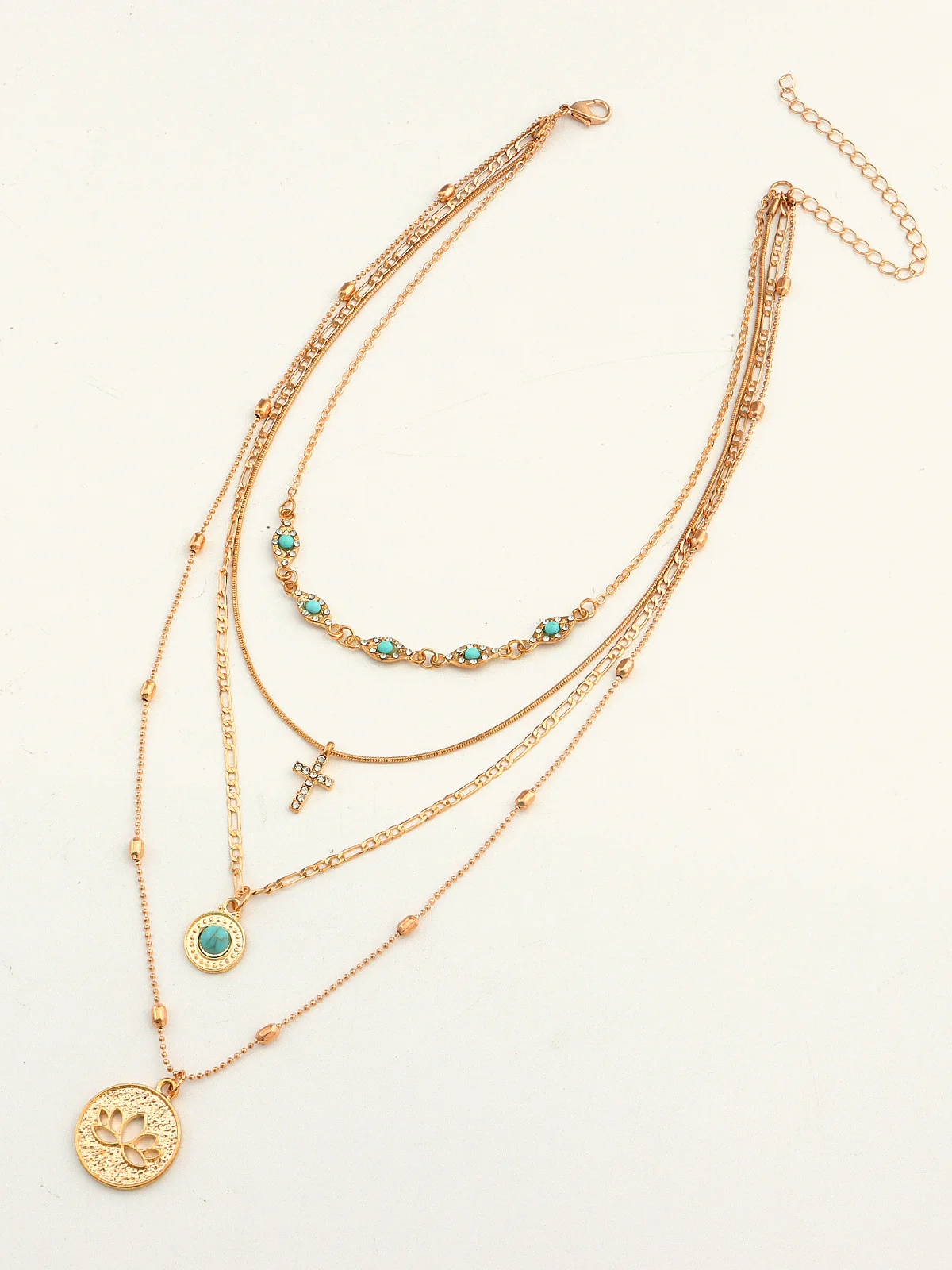 Layered Gold Tone Necklace with Turquoise and Charms - Image 3