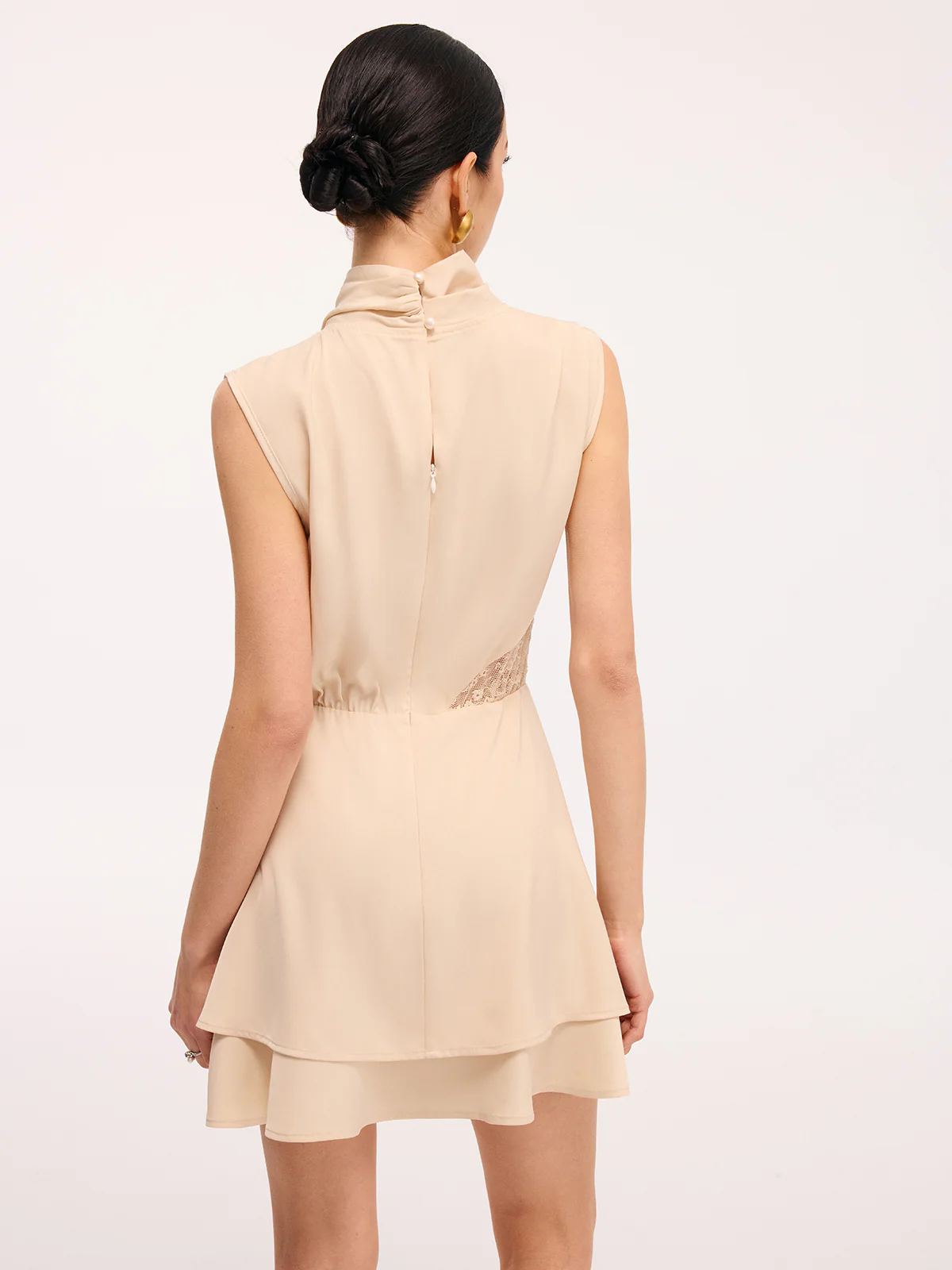 Layered Hem Lace Panel Satin Dress without Belt - Image 6